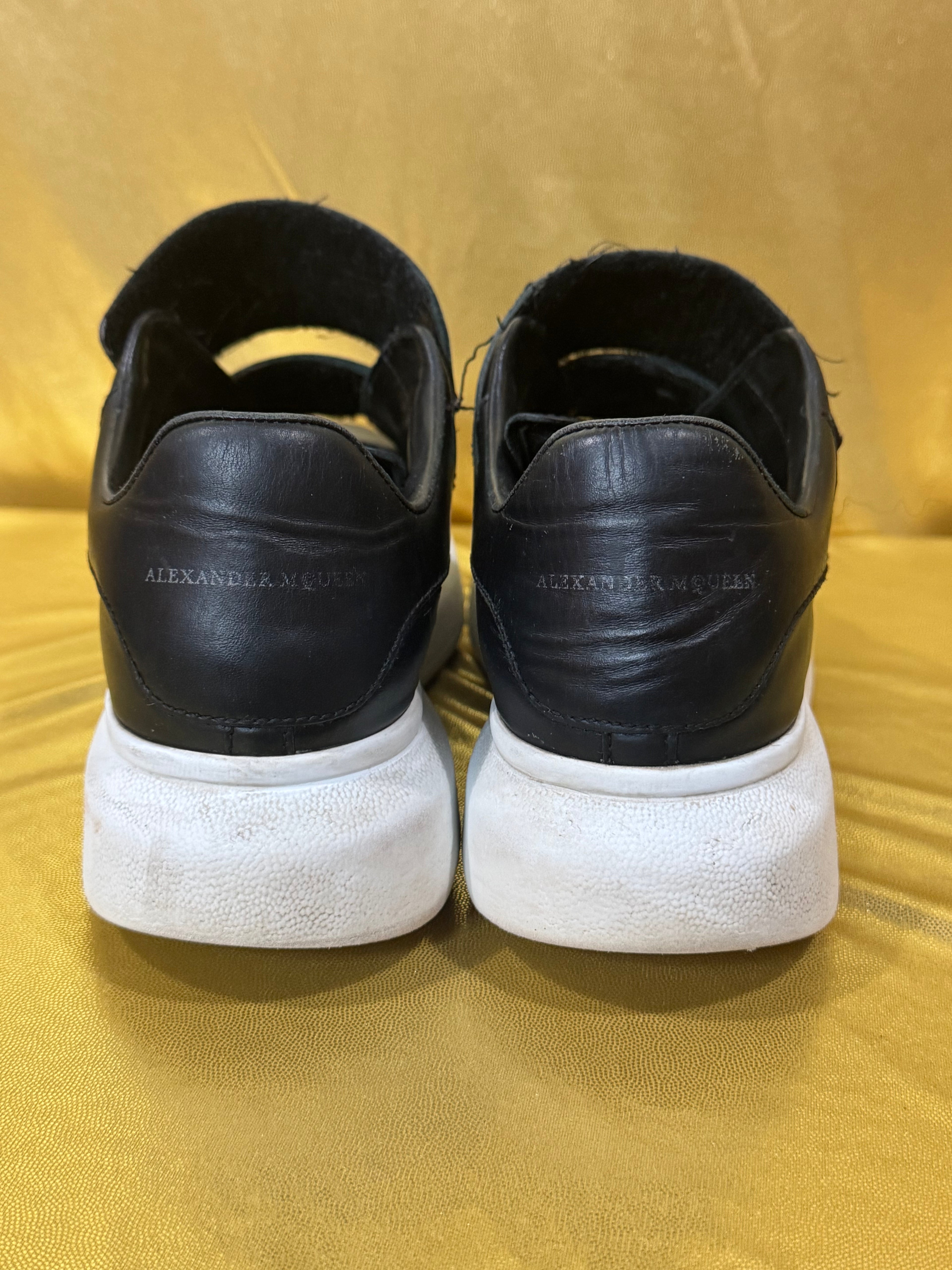 Authentic Alexander McQueen Black Leather Oversized Grip-Strap Platform Sneakers - Size 37