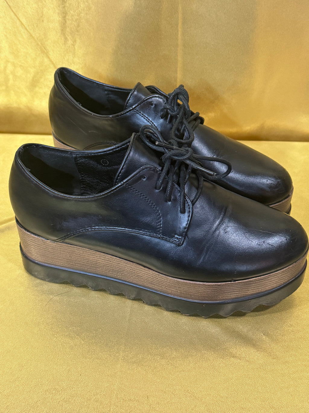 DBDK Fashion Black Platform Oxfords Wood Grain Wedge 7