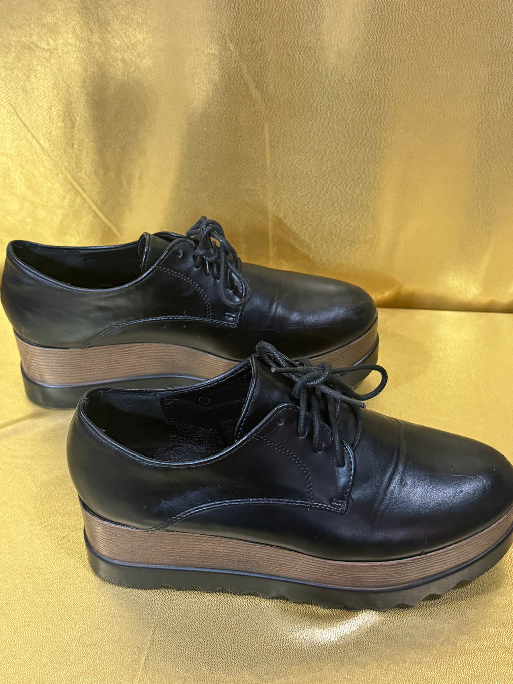 DBDK Fashion Black Platform Oxfords Wood Grain Wedge 7