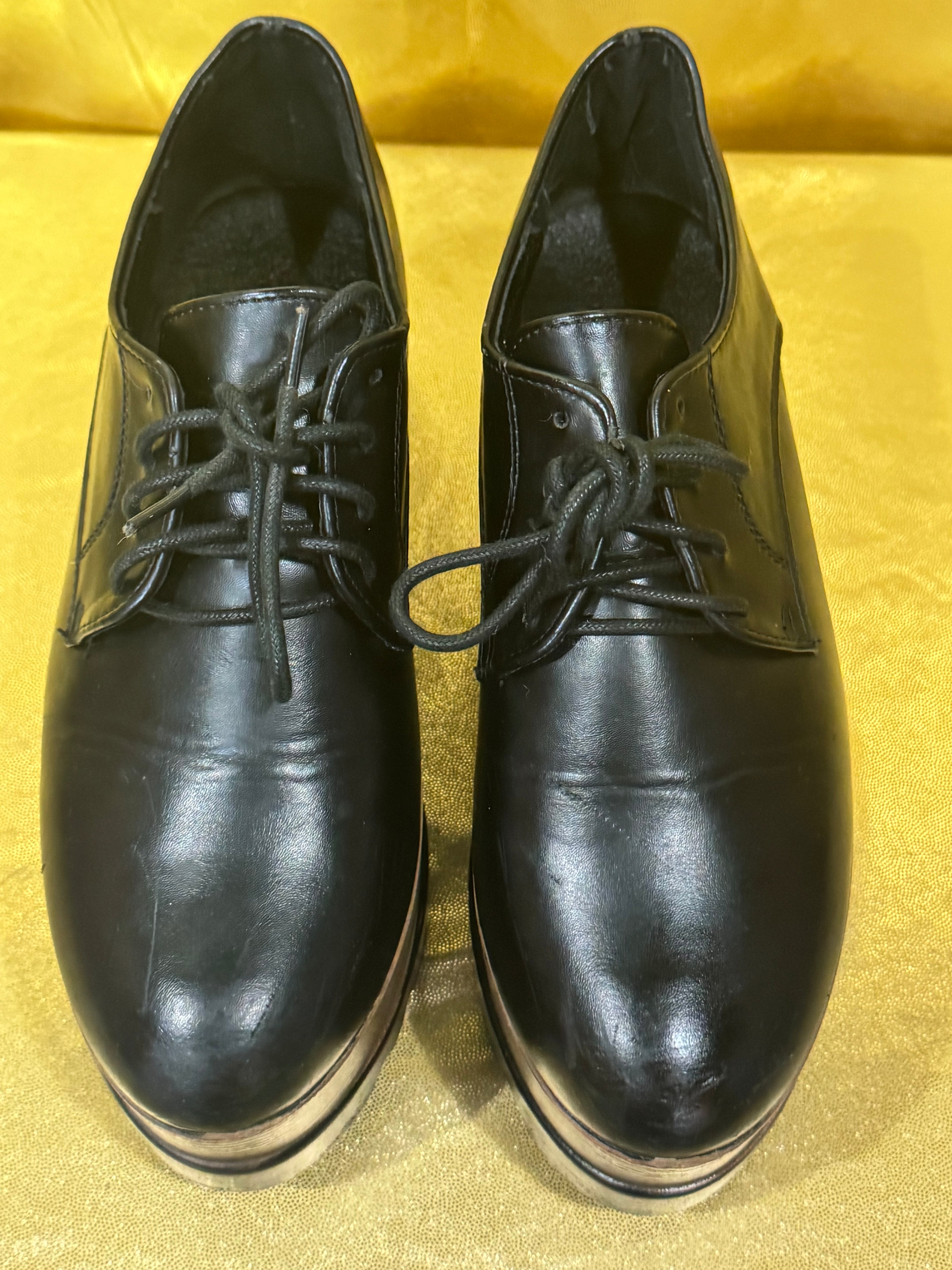 DBDK Fashion Black Platform Oxfords Wood Grain Wedge 7