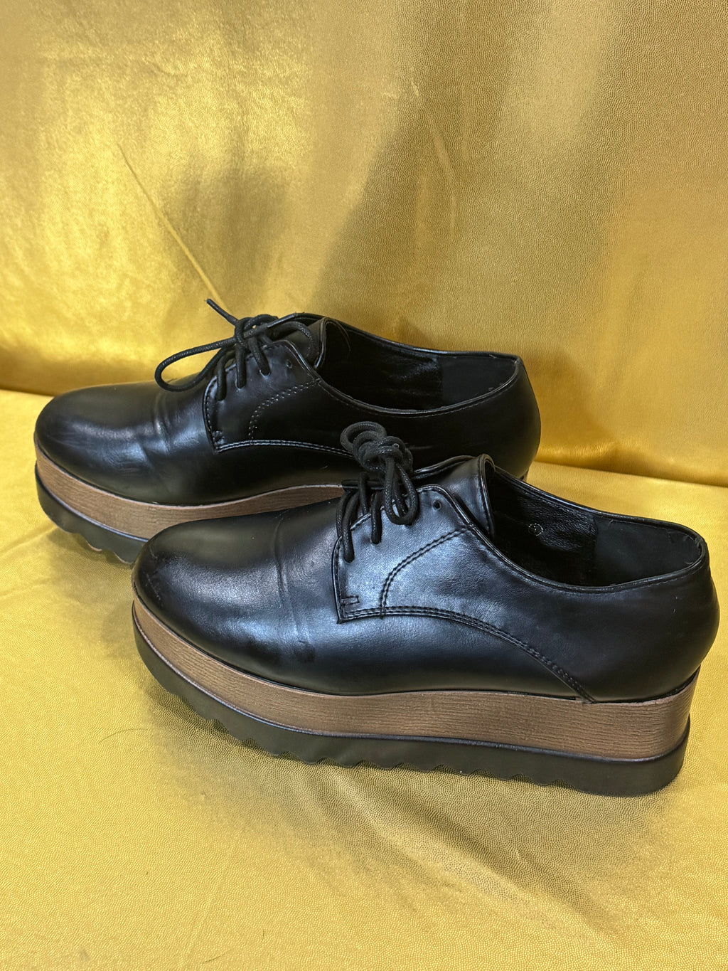 DBDK Fashion Black Platform Oxfords Wood Grain Wedge 7