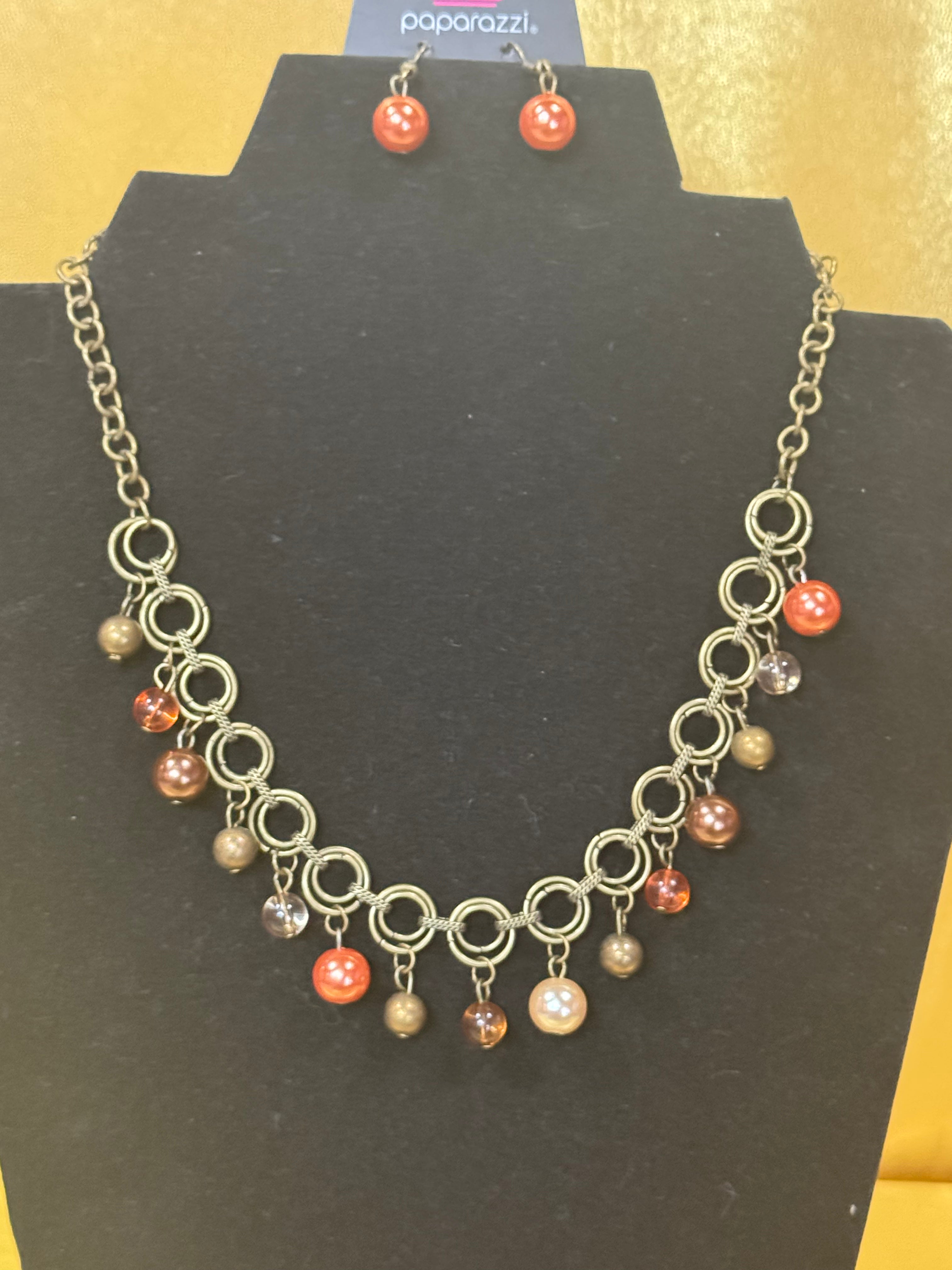 Paparazzi "Fiercely Fancy" Bronze Chain Multi-Bead Necklace & Earring Set