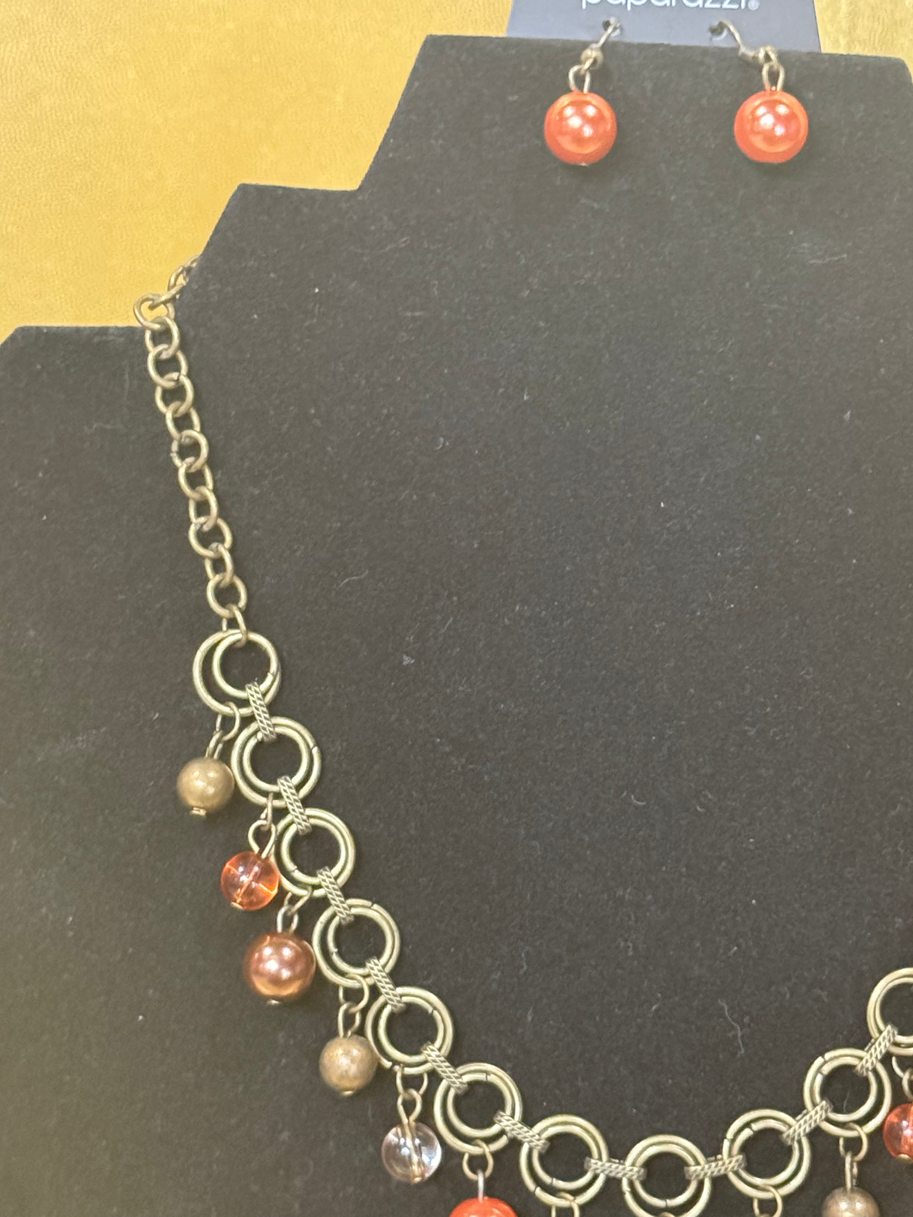 Paparazzi "Fiercely Fancy" Bronze Chain Multi-Bead Necklace & Earring Set