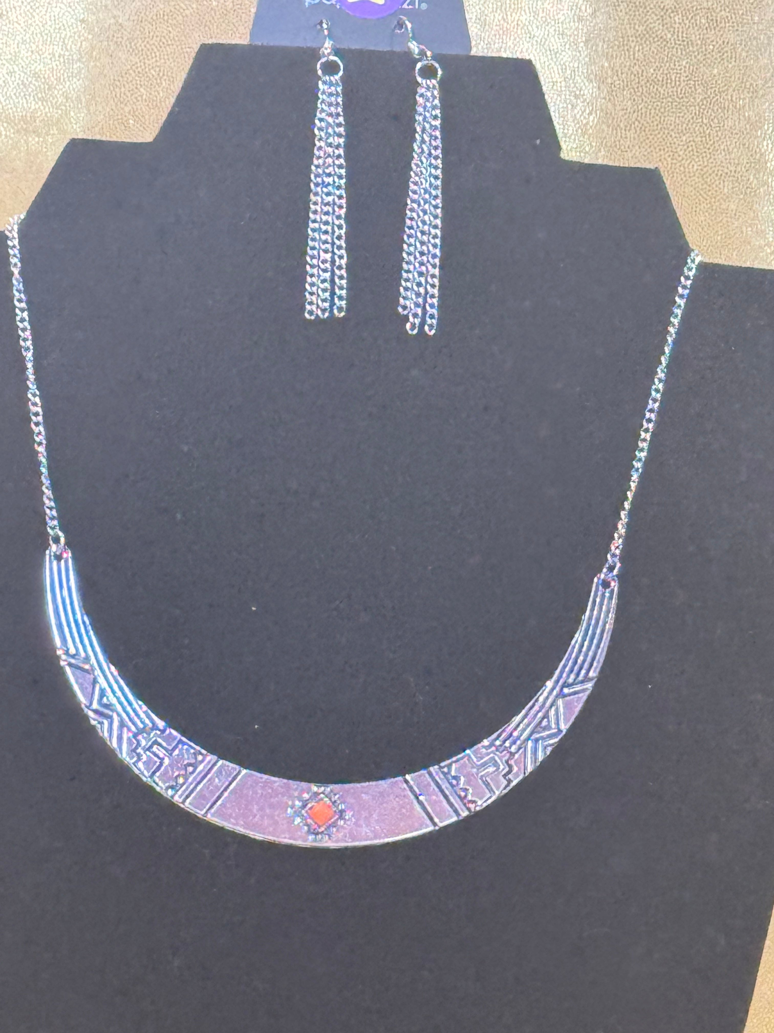 Paparazzi "Arizona Adventure" Silver Southwestern Crescent Necklace & Earring Set – Orange Center Bead