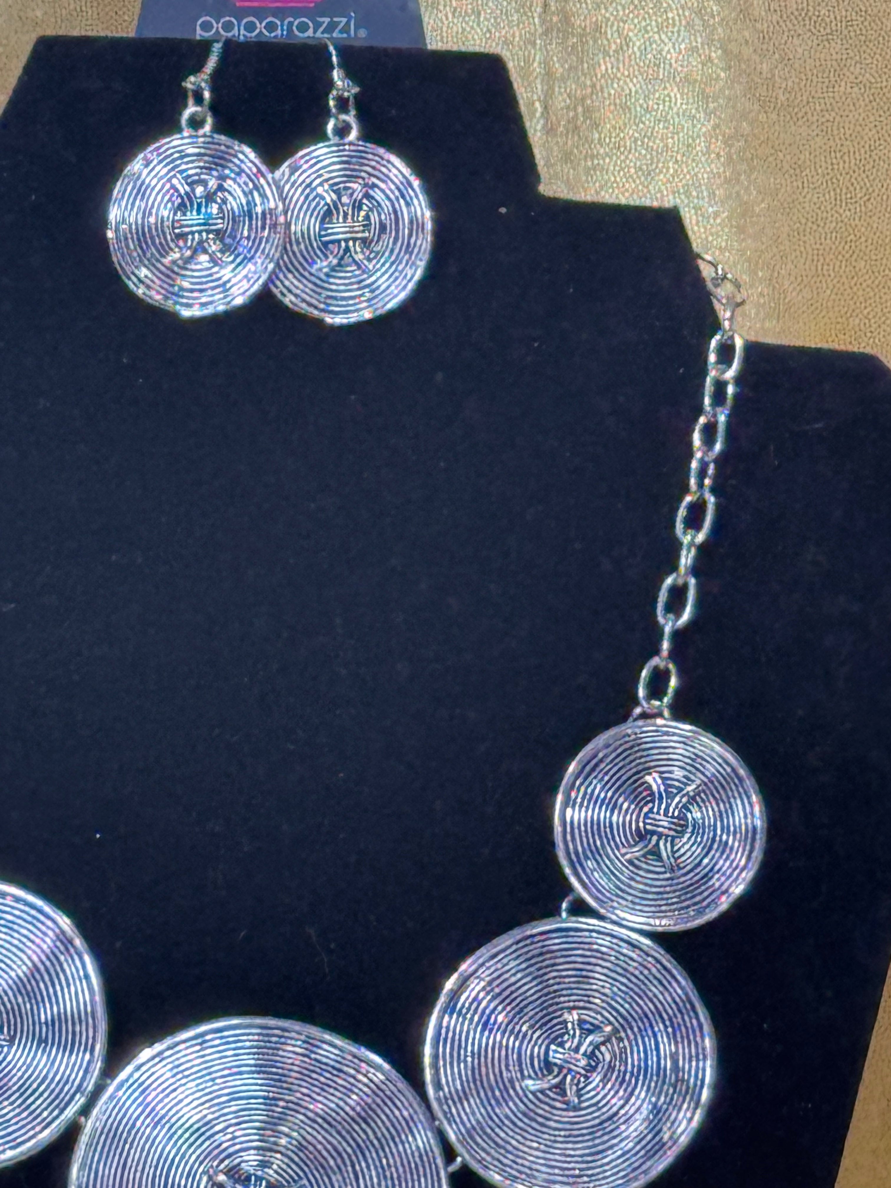 Paparazzi "Deserves A Medal" Antiqued Silver Disc Necklace & Earring Set
