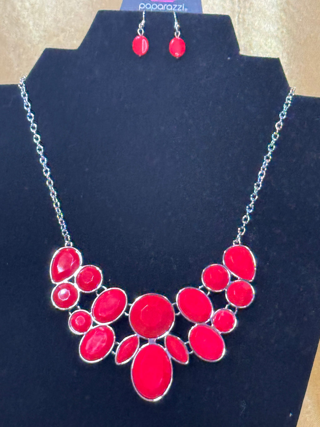 Paparazzi Accessories "Demi-Diva" Red & Silver Statement Necklace and Matching Earring Set