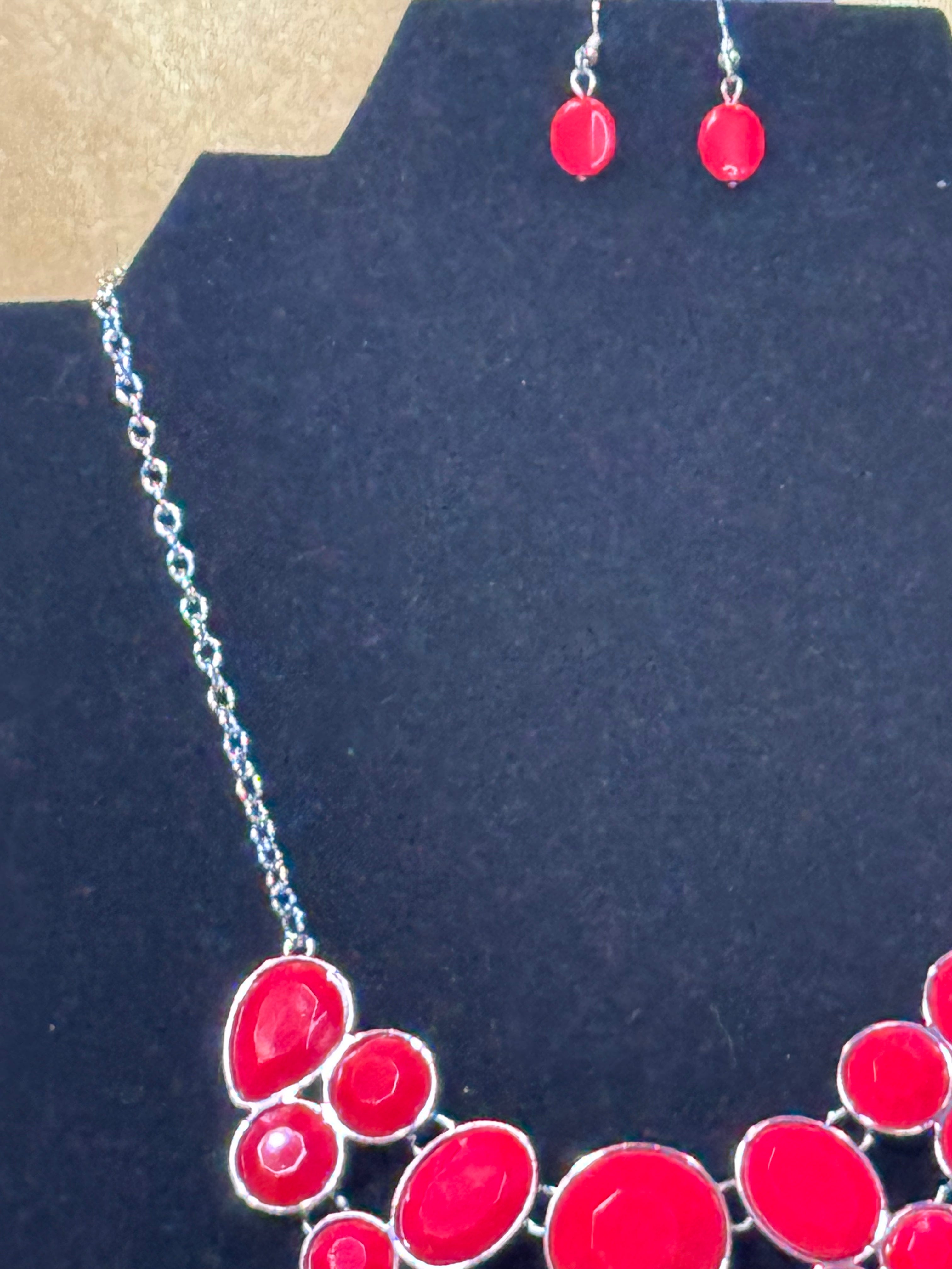 Paparazzi Accessories "Demi-Diva" Red & Silver Statement Necklace and Matching Earring Set