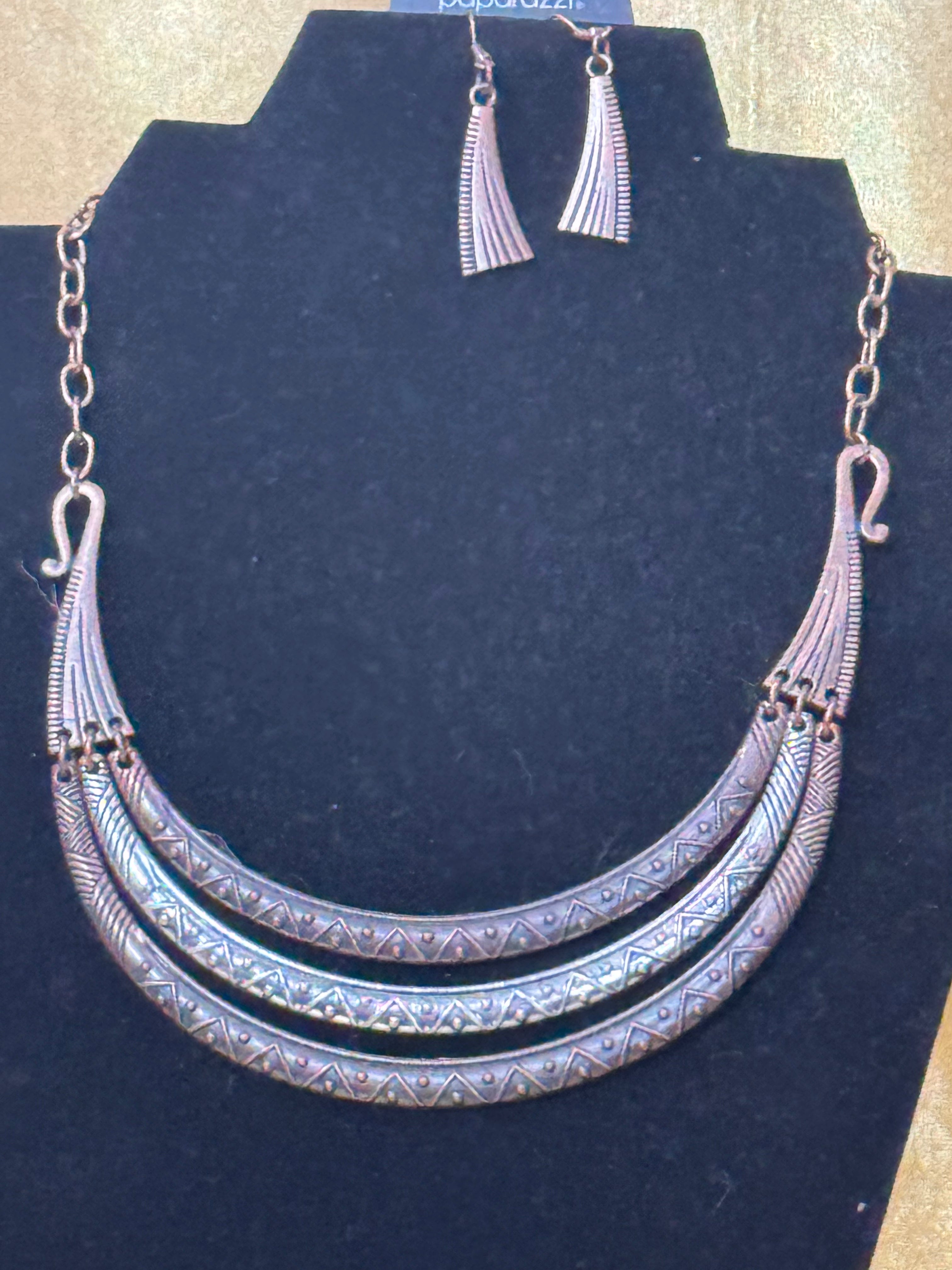 Paparazzi Accessories "Take All You Can Gatherer" Multi-Tone Silver and Copper Bib Necklace & Earring Set