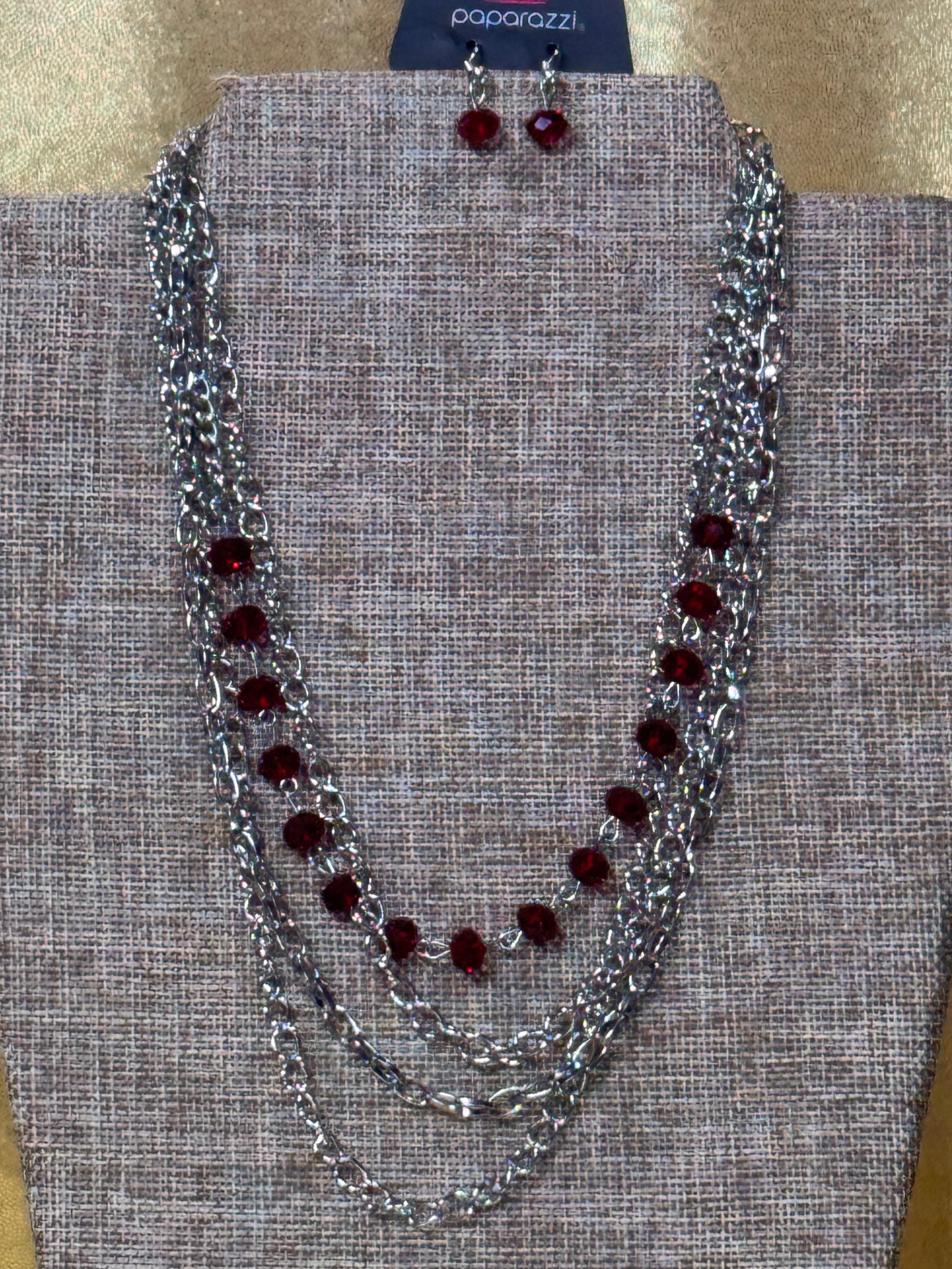 Paparazzi "Metro Mixer" Red & Silver Layered Chain Statement Necklace Set