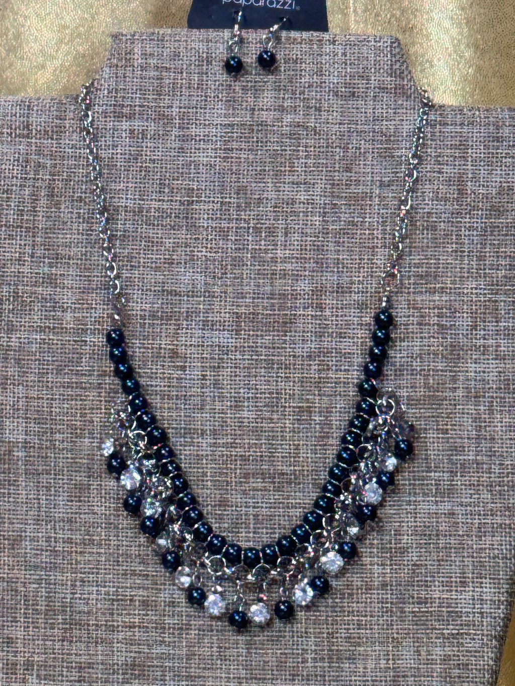 Paparazzi "A Touch of Classy" Navy Blue Pearl & Rhinestone Statement Necklace Set