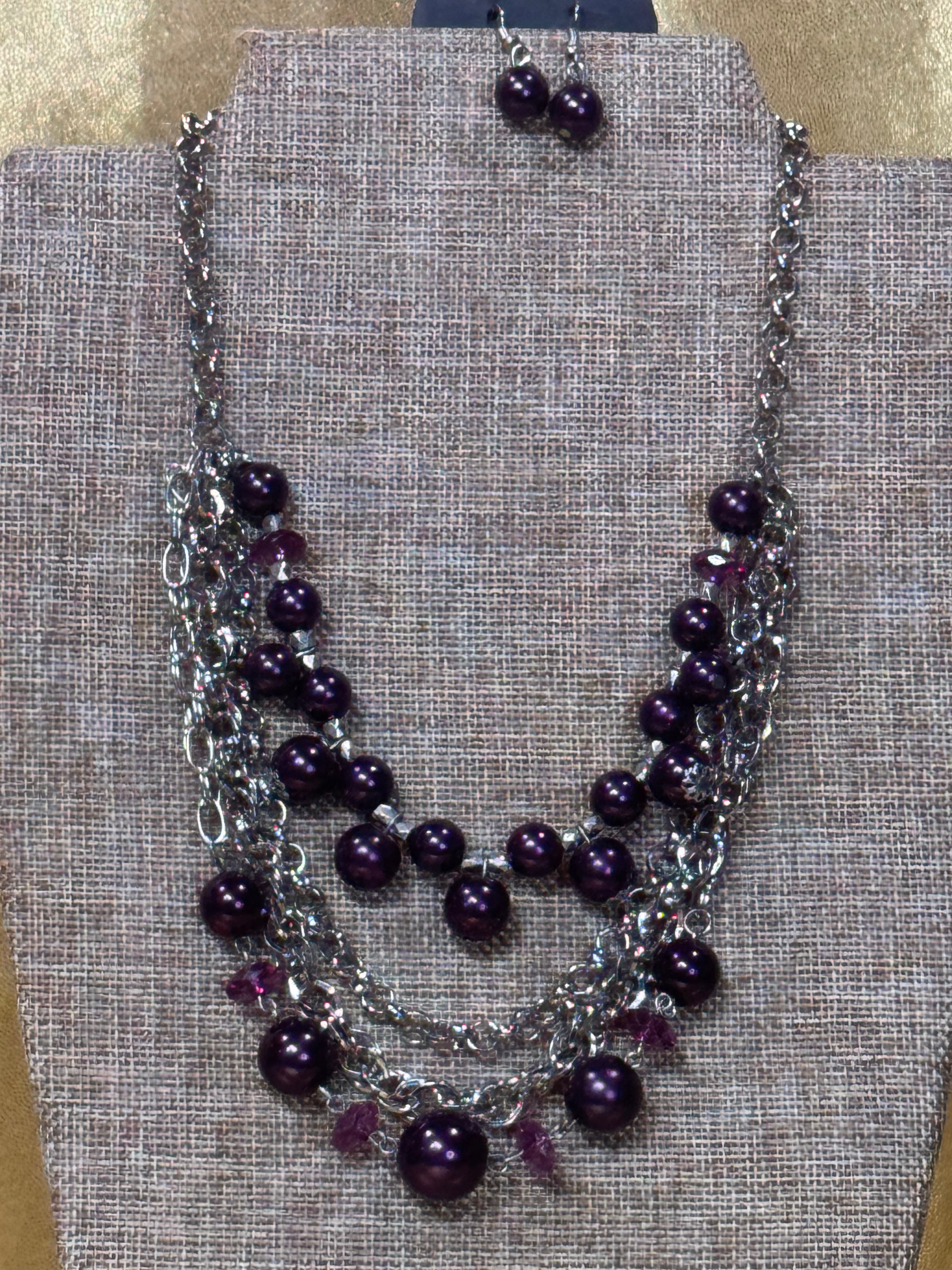 Paparazzi "Rockin' Rockette" Purple Pearl & Silver Multi-Strand Statement Necklace Set