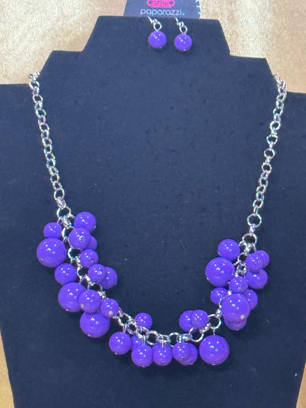 Paparazzi "Walk This Broadway" Bold Purple Bubble Bead & Shimmery Silver Necklace and Earring Set