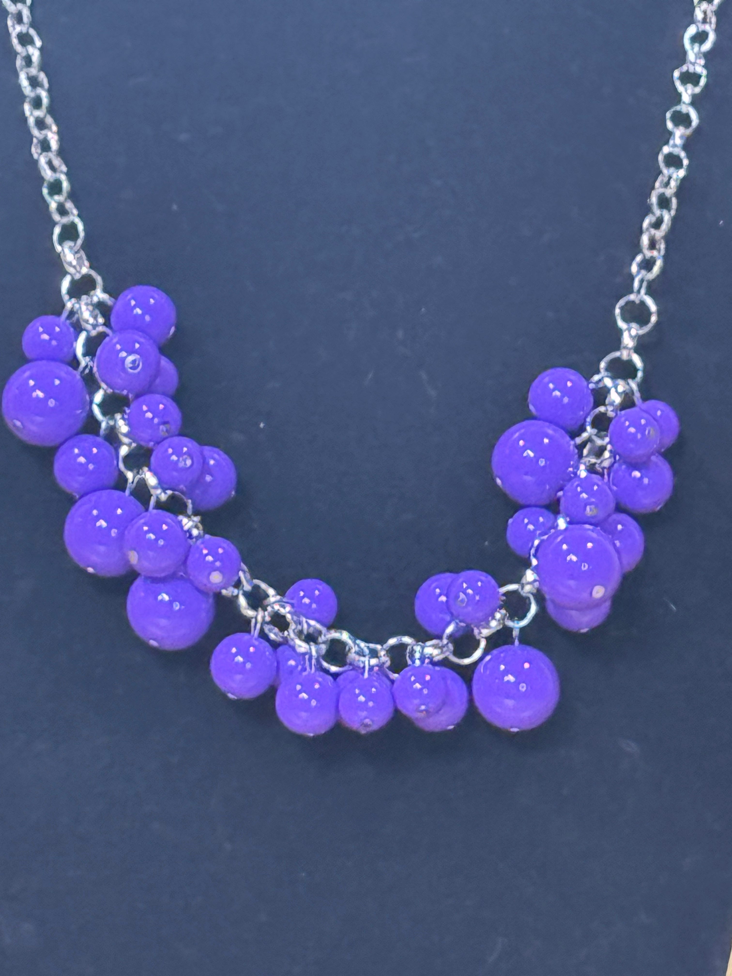 Paparazzi "Walk This Broadway" Bold Purple Bubble Bead & Shimmery Silver Necklace and Earring Set