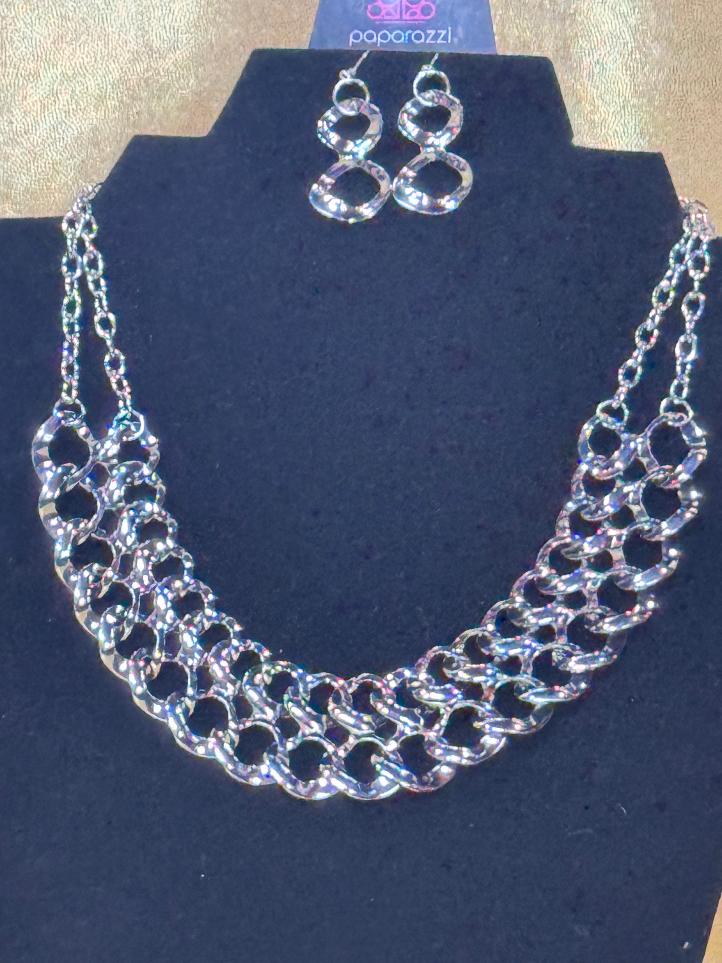 Paparazzi "Street Meet & Greet" Silver Linked Bib Necklace & Earring Set