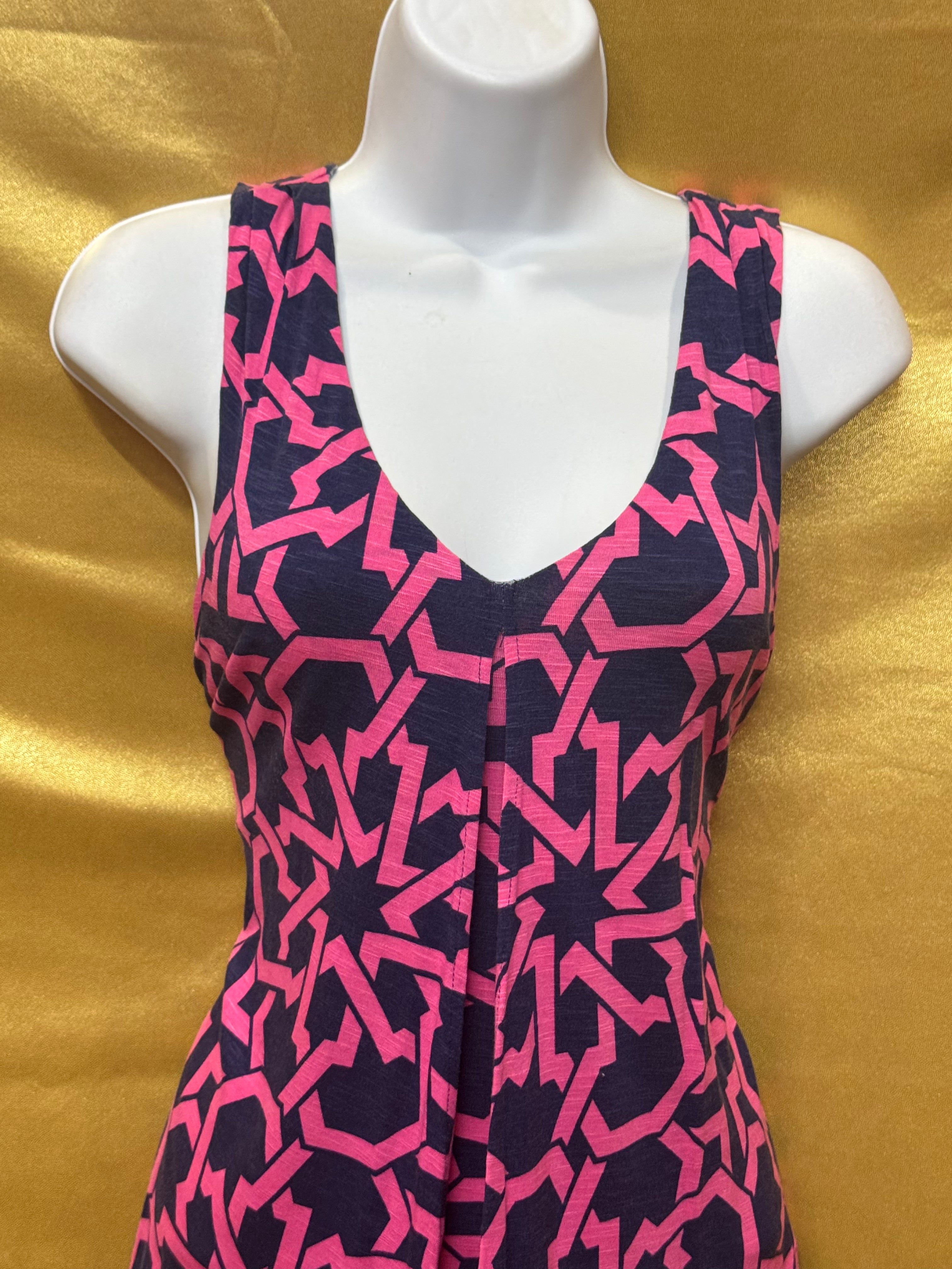 Tori Richard Pink & Navy Geometric Sleeveless V-Neck Top - Size XS