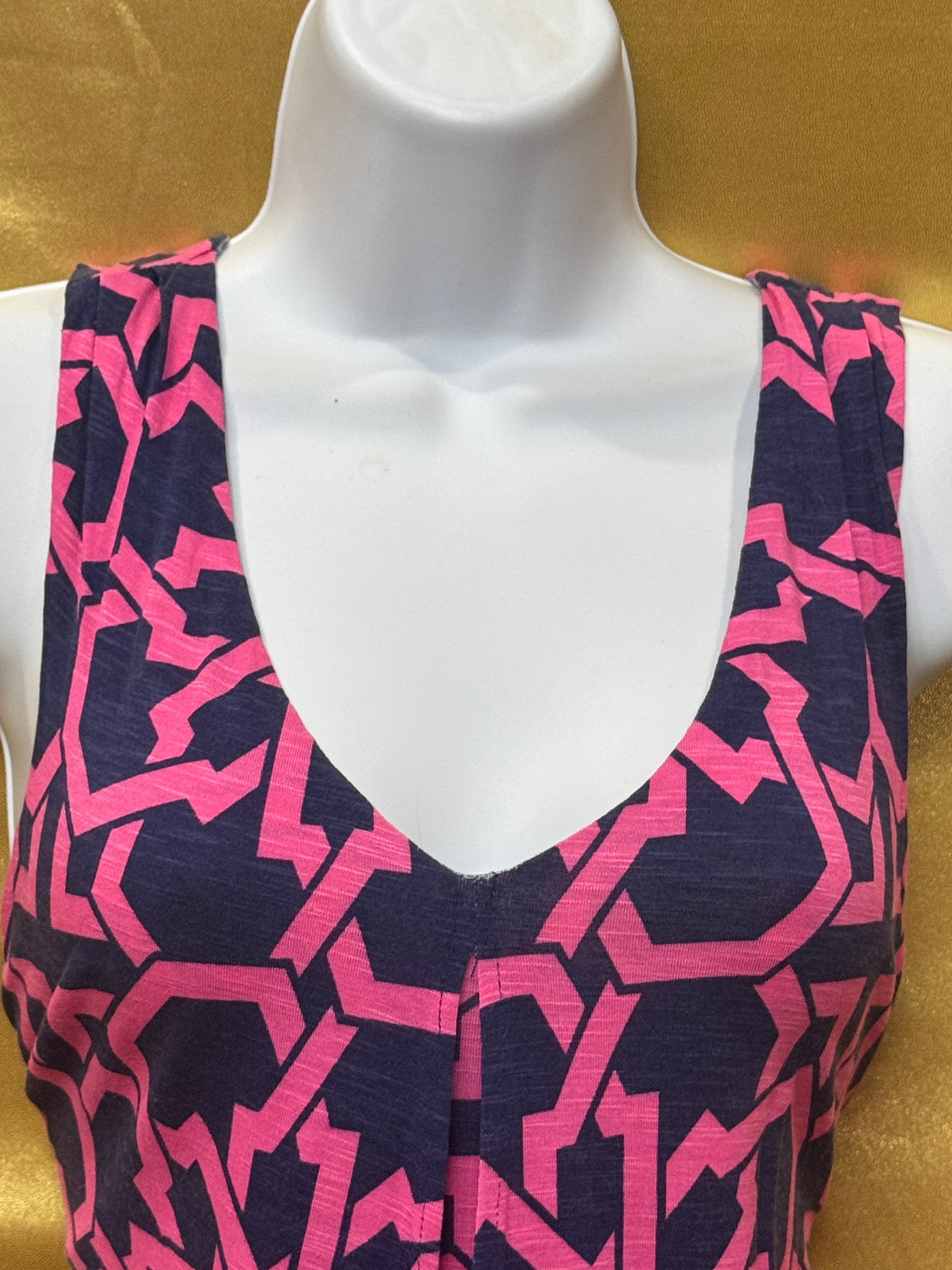 Tori Richard Pink & Navy Geometric Sleeveless V-Neck Top - Size XS