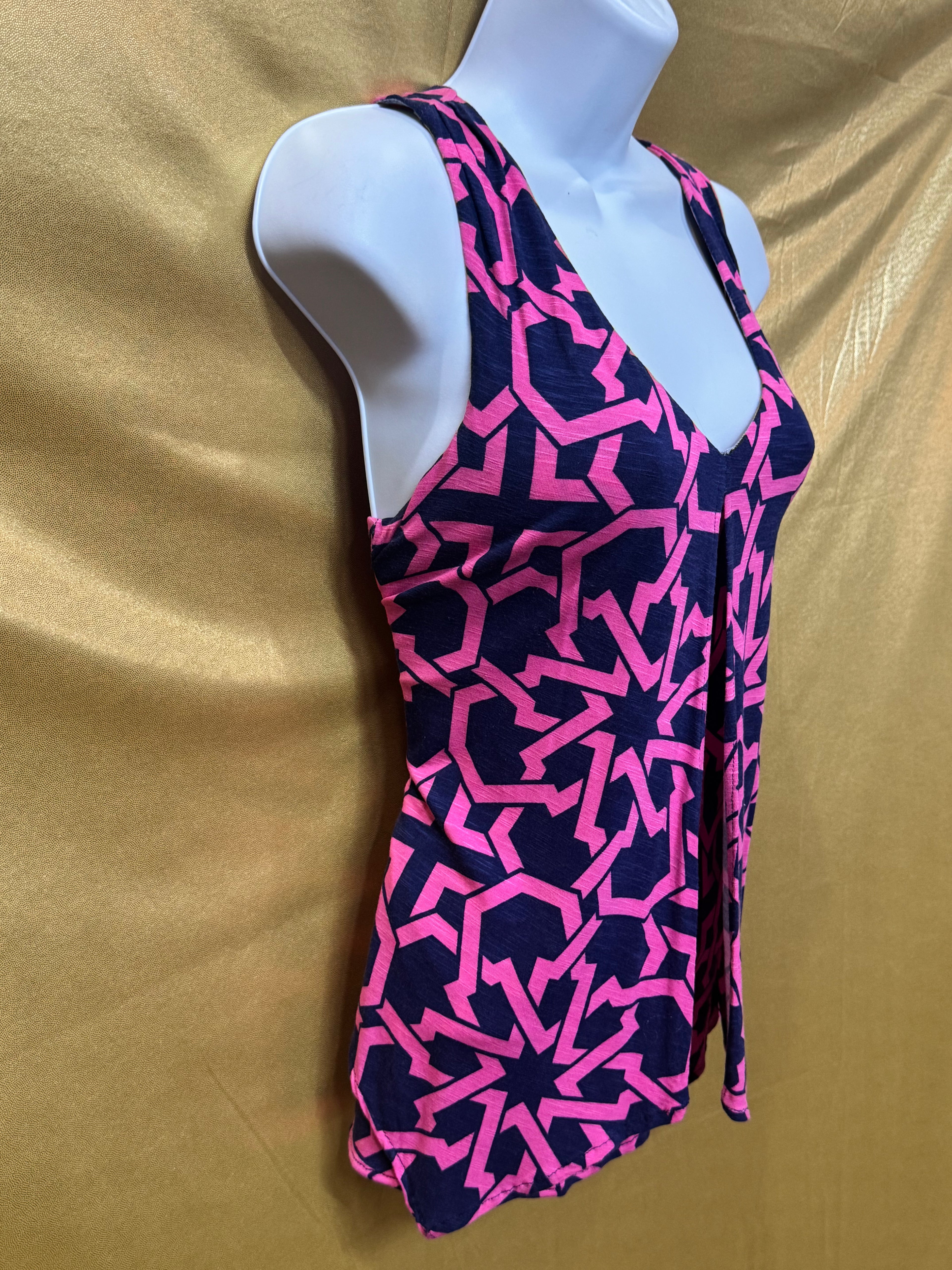 Tori Richard Pink & Navy Geometric Sleeveless V-Neck Top - Size XS