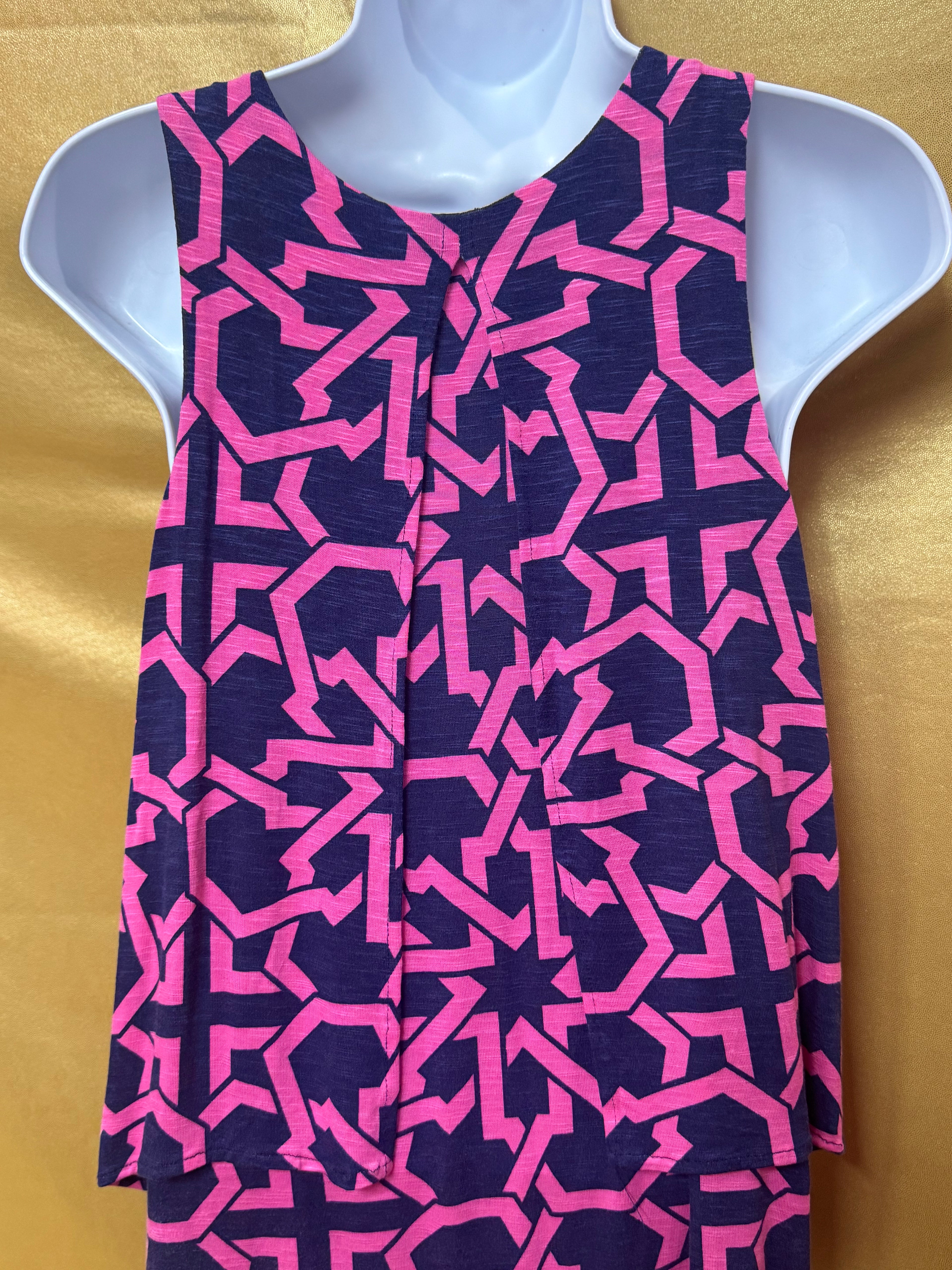 Tori Richard Pink & Navy Geometric Sleeveless V-Neck Top - Size XS