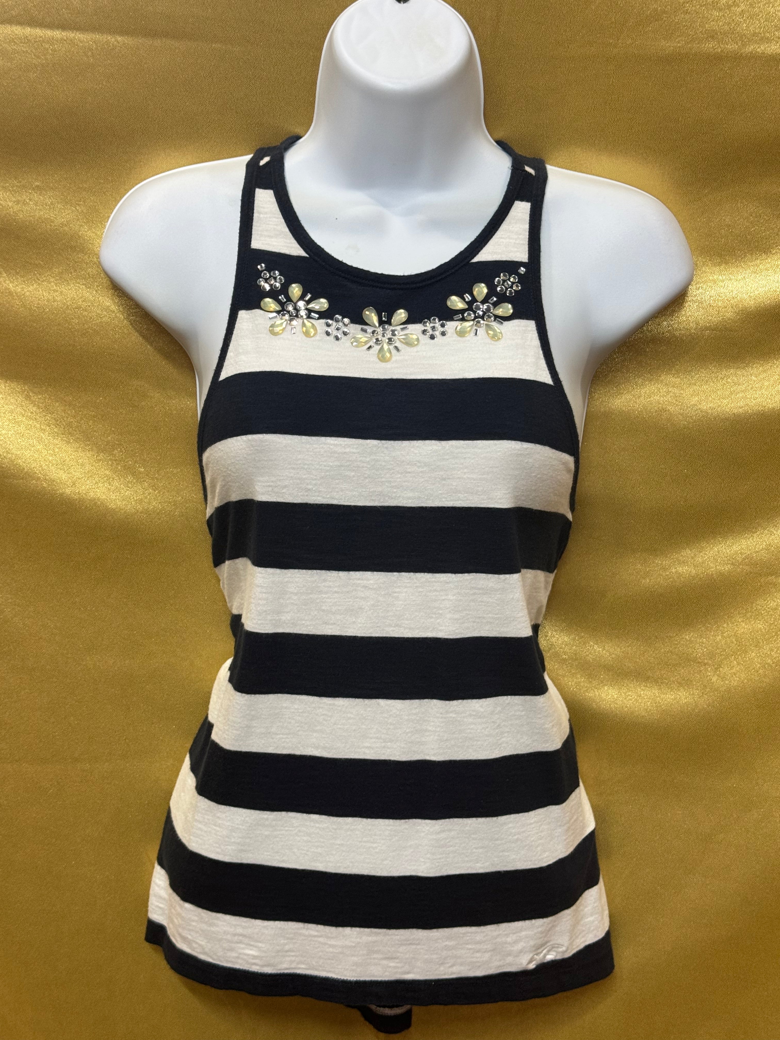 Hollister Striped Beaded Floral Tank Top High Low High-Neck Racerback Knit XS