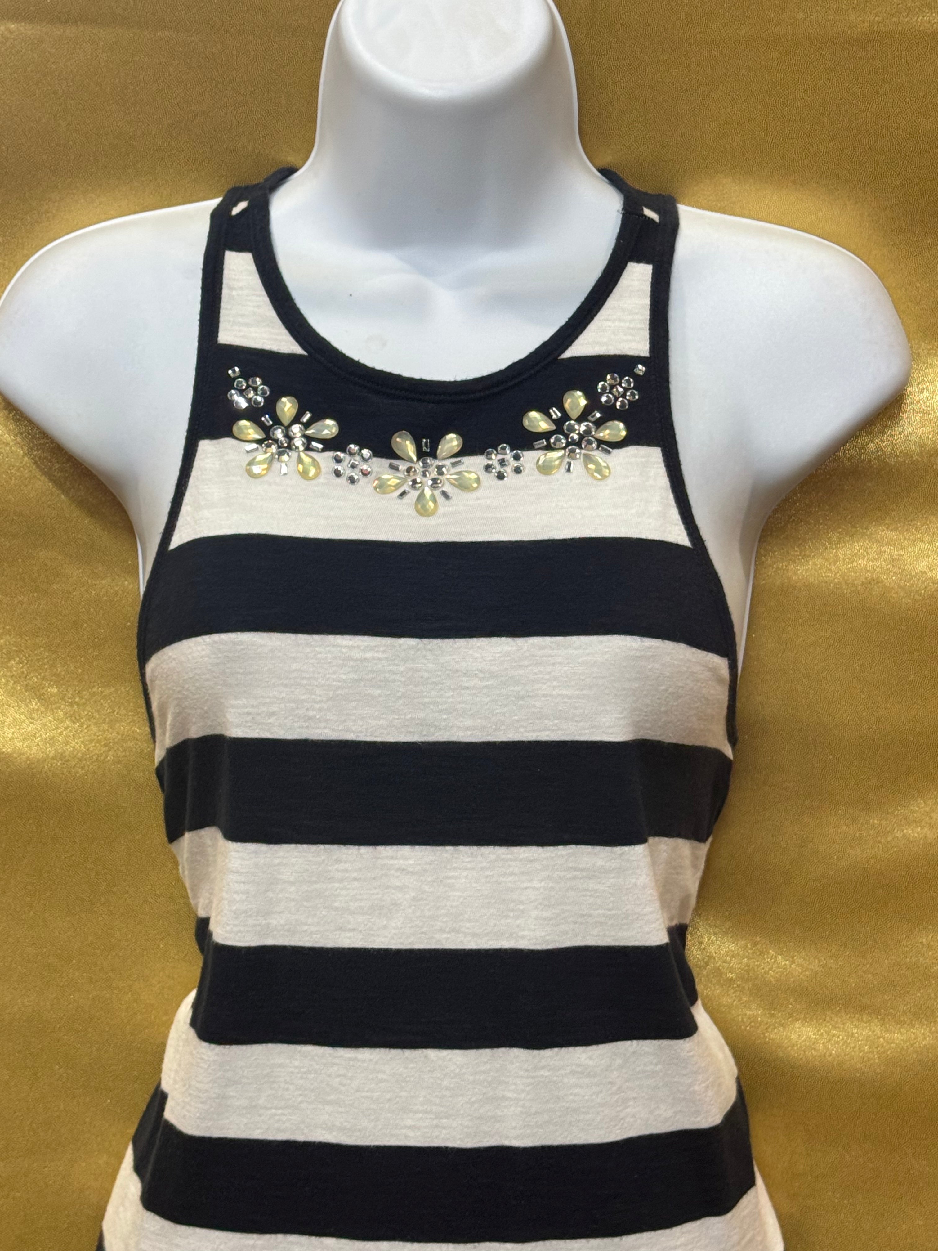 Hollister Striped Beaded Floral Tank Top High Low High-Neck Racerback Knit XS