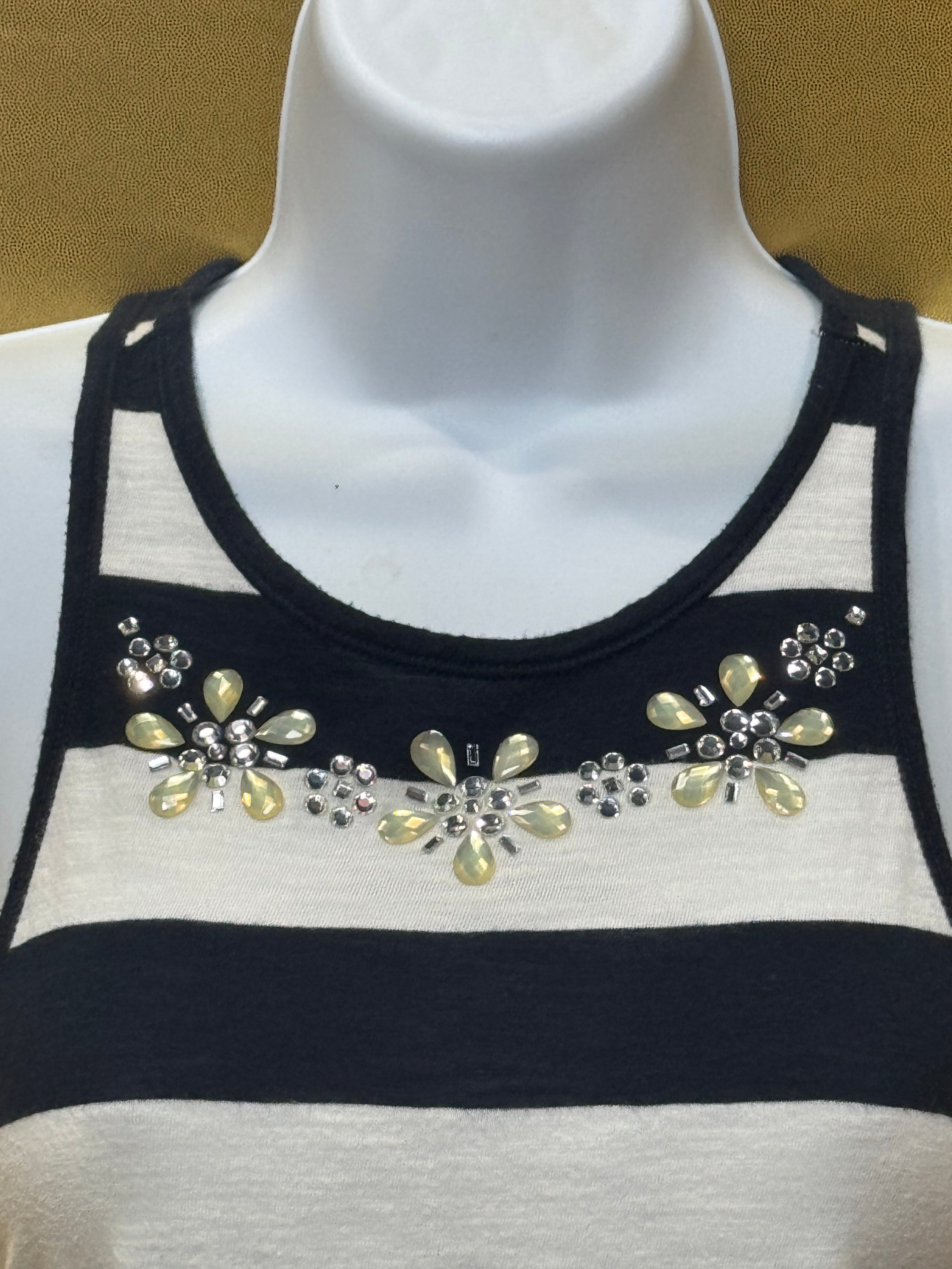 Hollister Striped Beaded Floral Tank Top High Low High-Neck Racerback Knit XS
