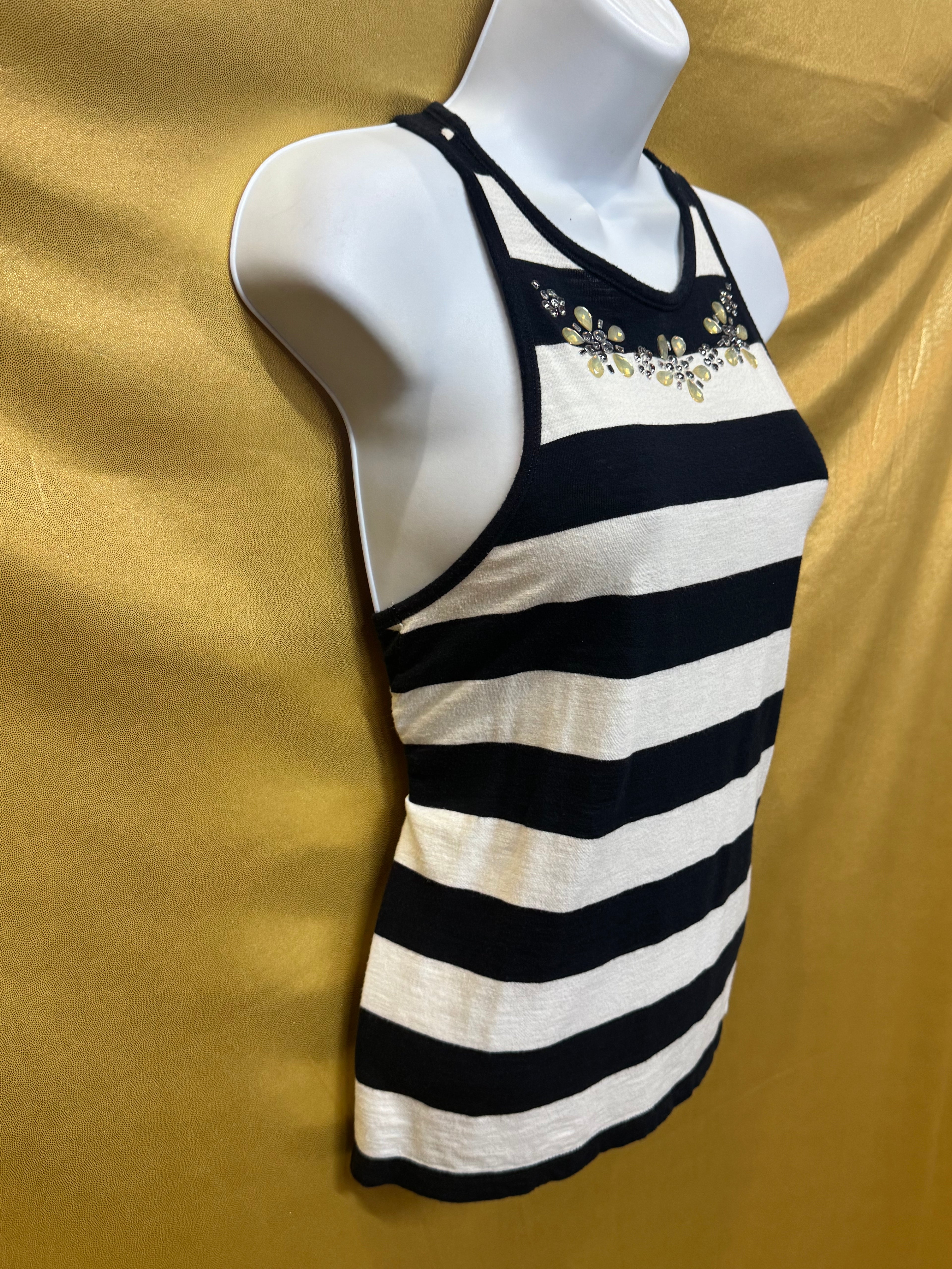 Hollister Striped Beaded Floral Tank Top High Low High-Neck Racerback Knit XS