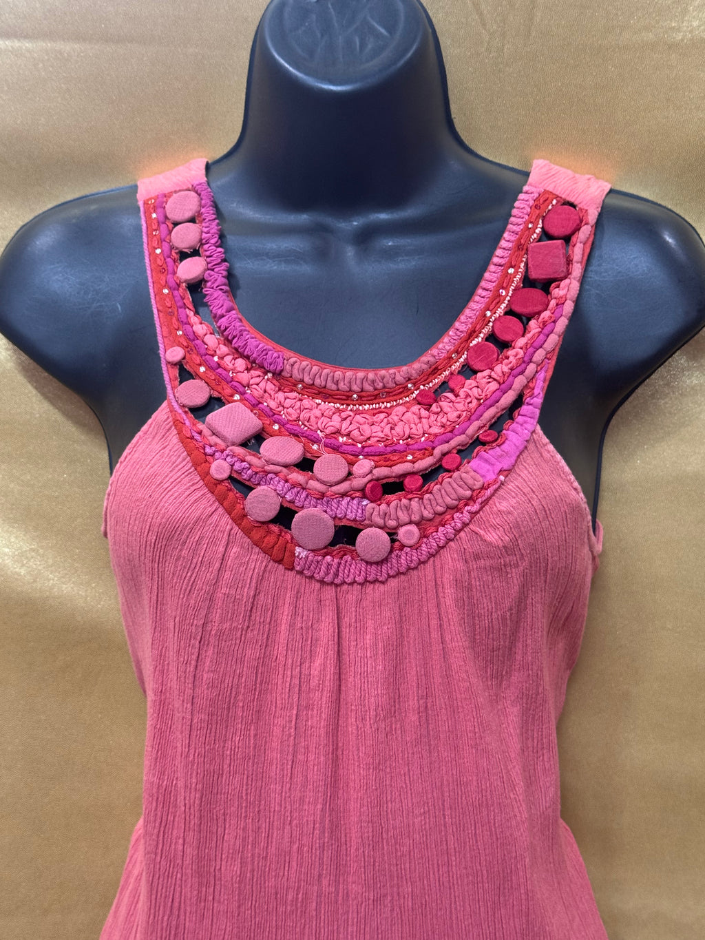 Saivana Pink Gauze Tank Top Boho Beaded Embellished Neckline Size XS 100% Cotton