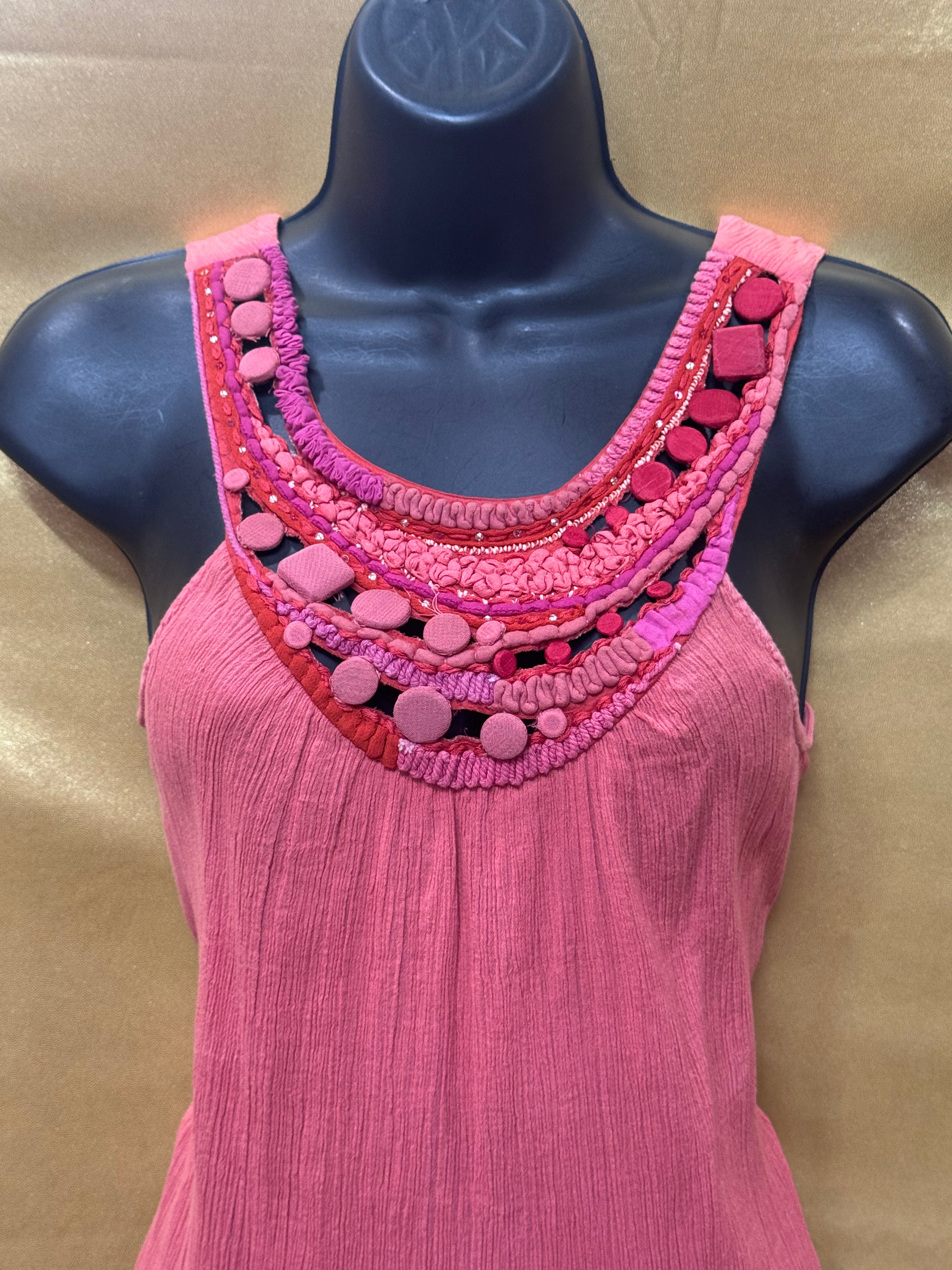 Saivana Pink Gauze Tank Top Boho Beaded Embellished Neckline Size XS 100% Cotton