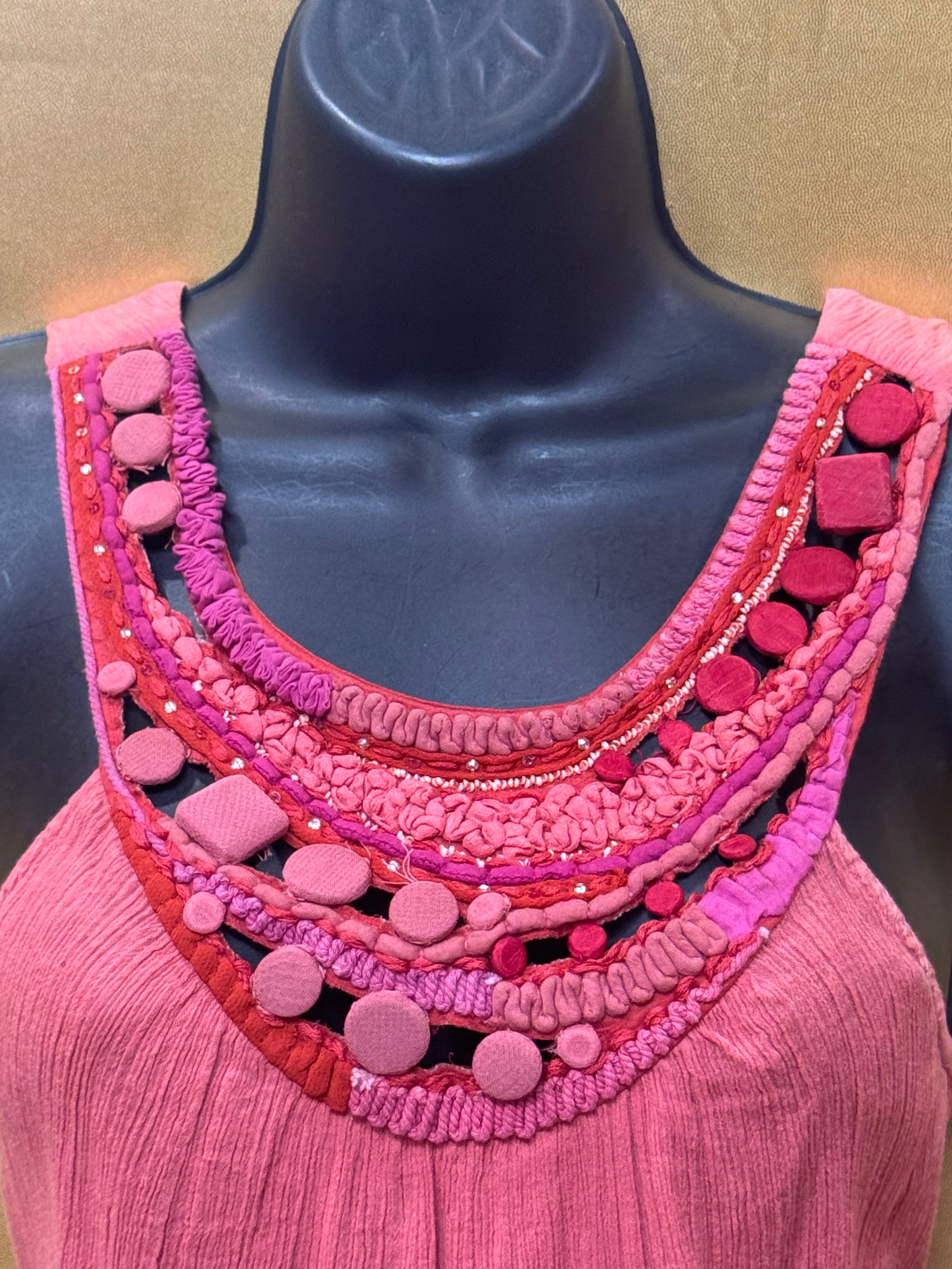 Saivana Pink Gauze Tank Top Boho Beaded Embellished Neckline Size XS 100% Cotton