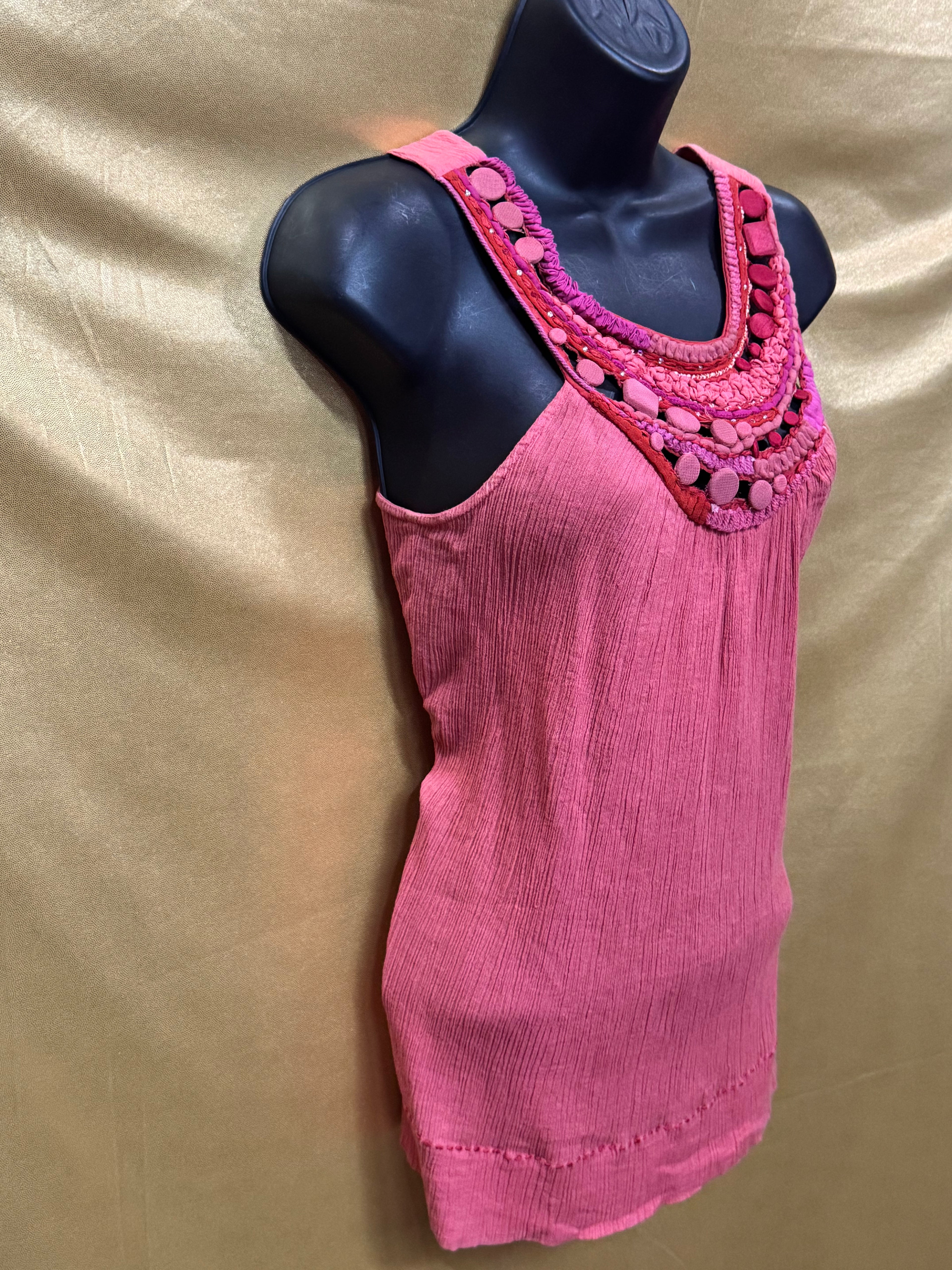 Saivana Pink Gauze Tank Top Boho Beaded Embellished Neckline Size XS 100% Cotton