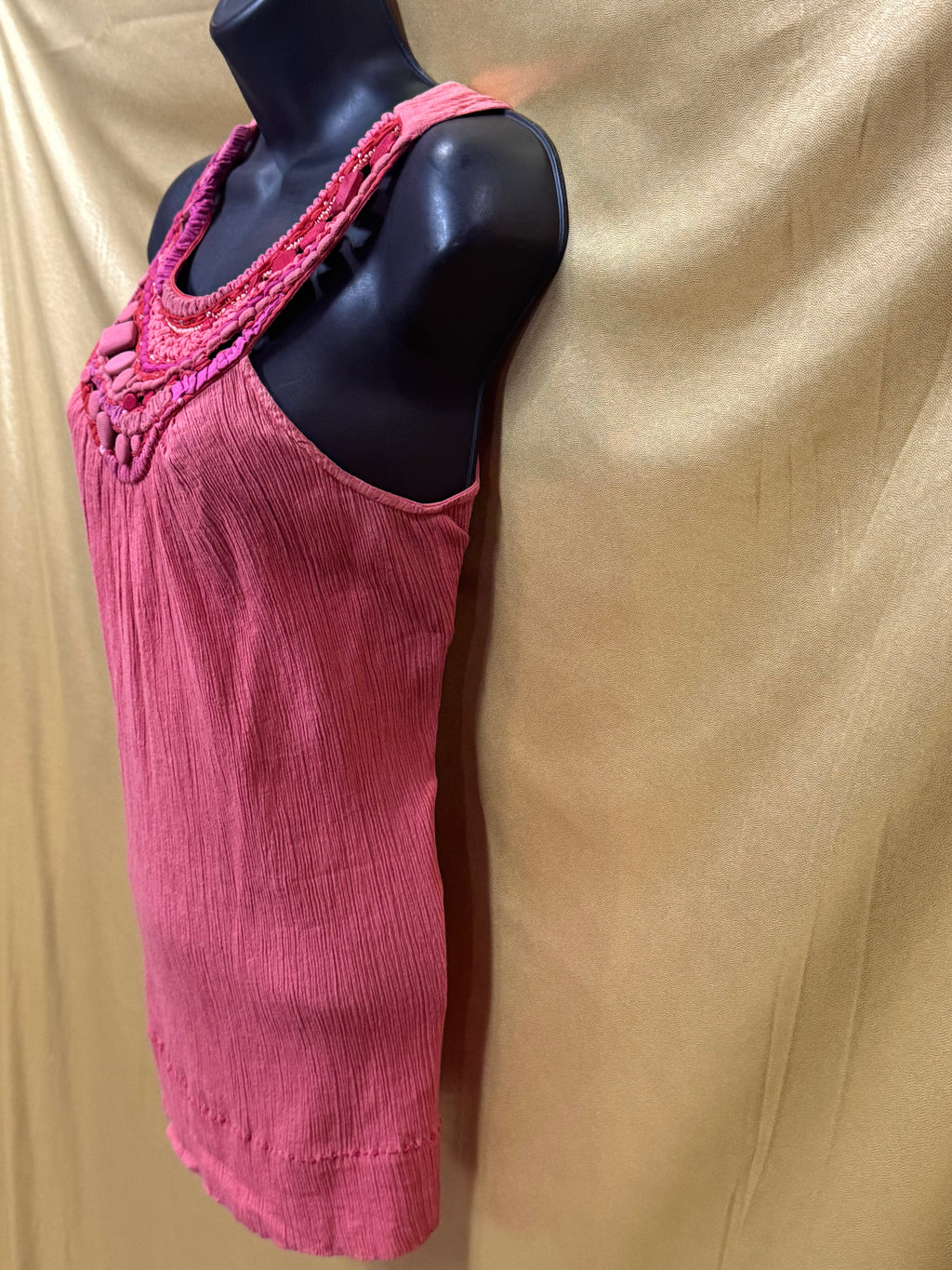 Saivana Pink Gauze Tank Top Boho Beaded Embellished Neckline Size XS 100% Cotton