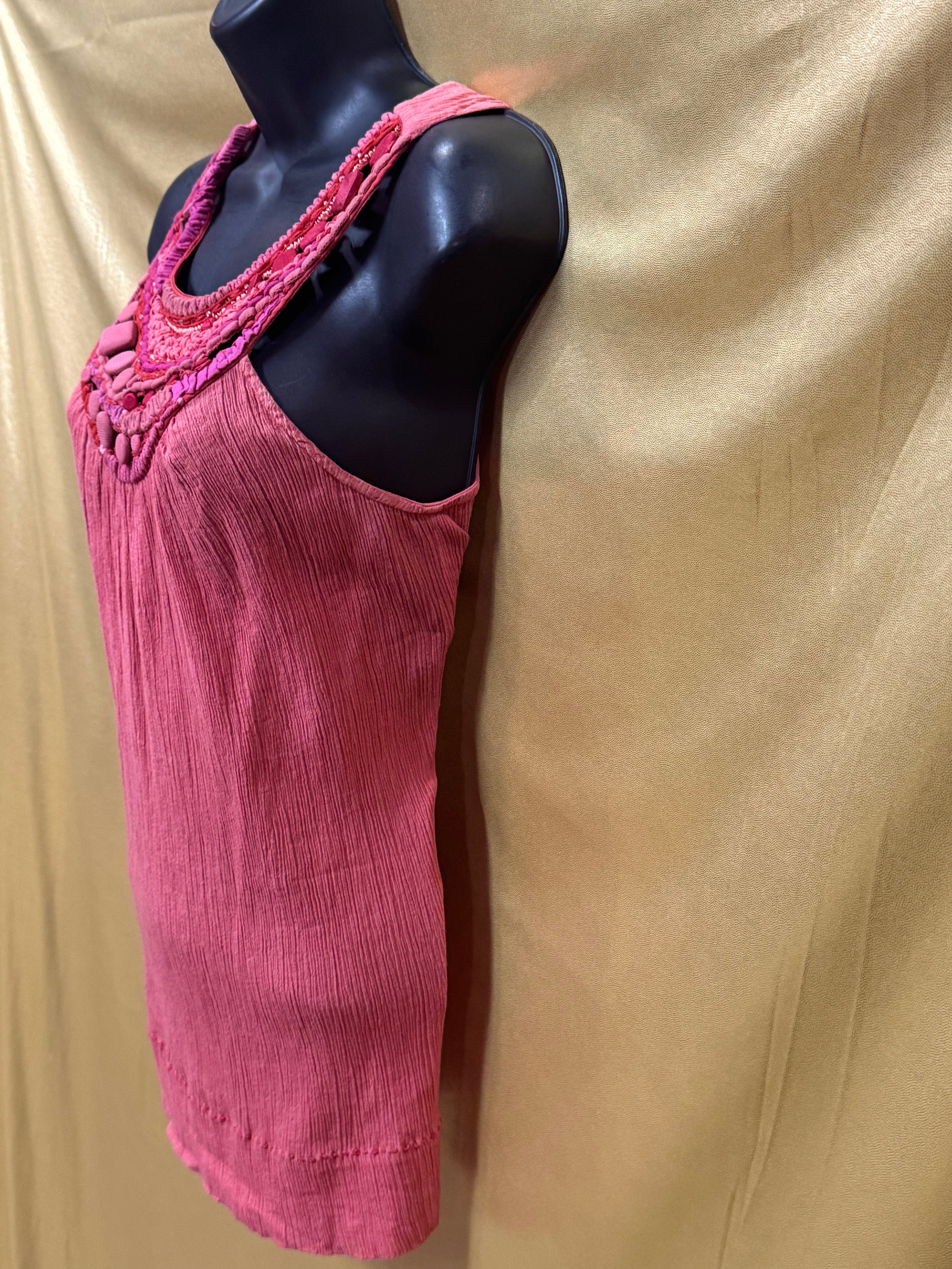 Saivana Pink Gauze Tank Top Boho Beaded Embellished Neckline Size XS 100% Cotton