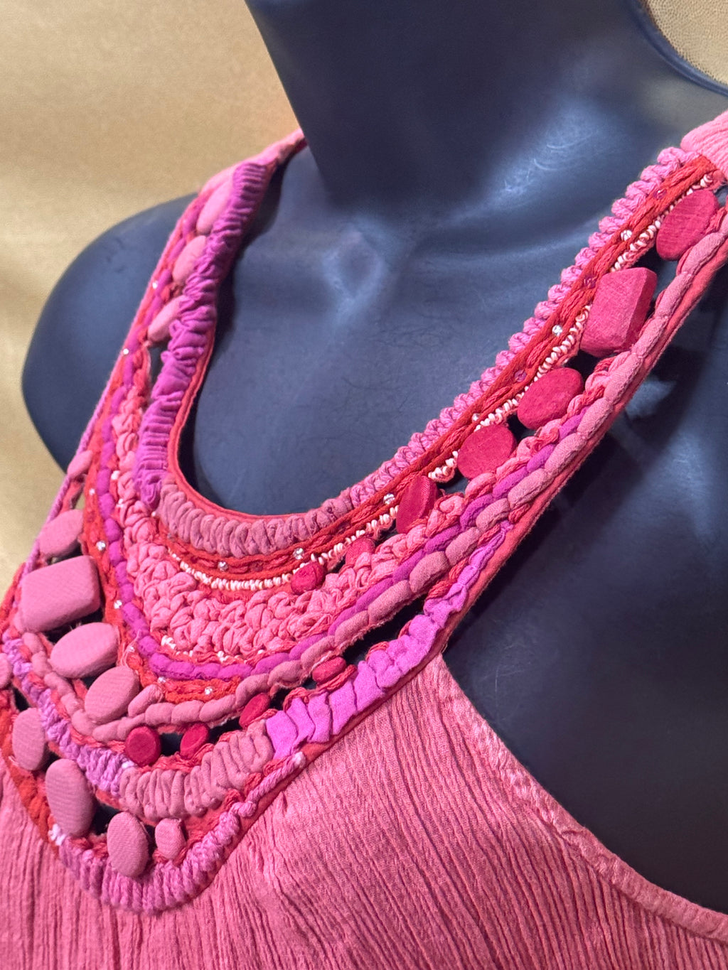 Saivana Pink Gauze Tank Top Boho Beaded Embellished Neckline Size XS 100% Cotton