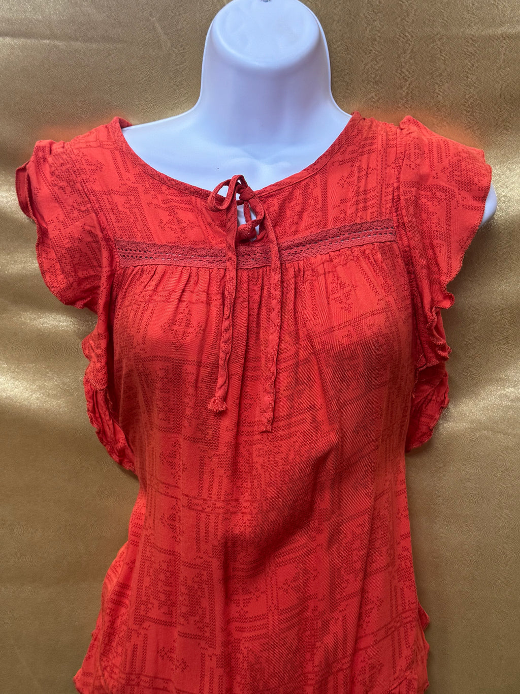 OHMG Boho Geometric Print Flutter Sleeve Blouse - Orange, Size XS