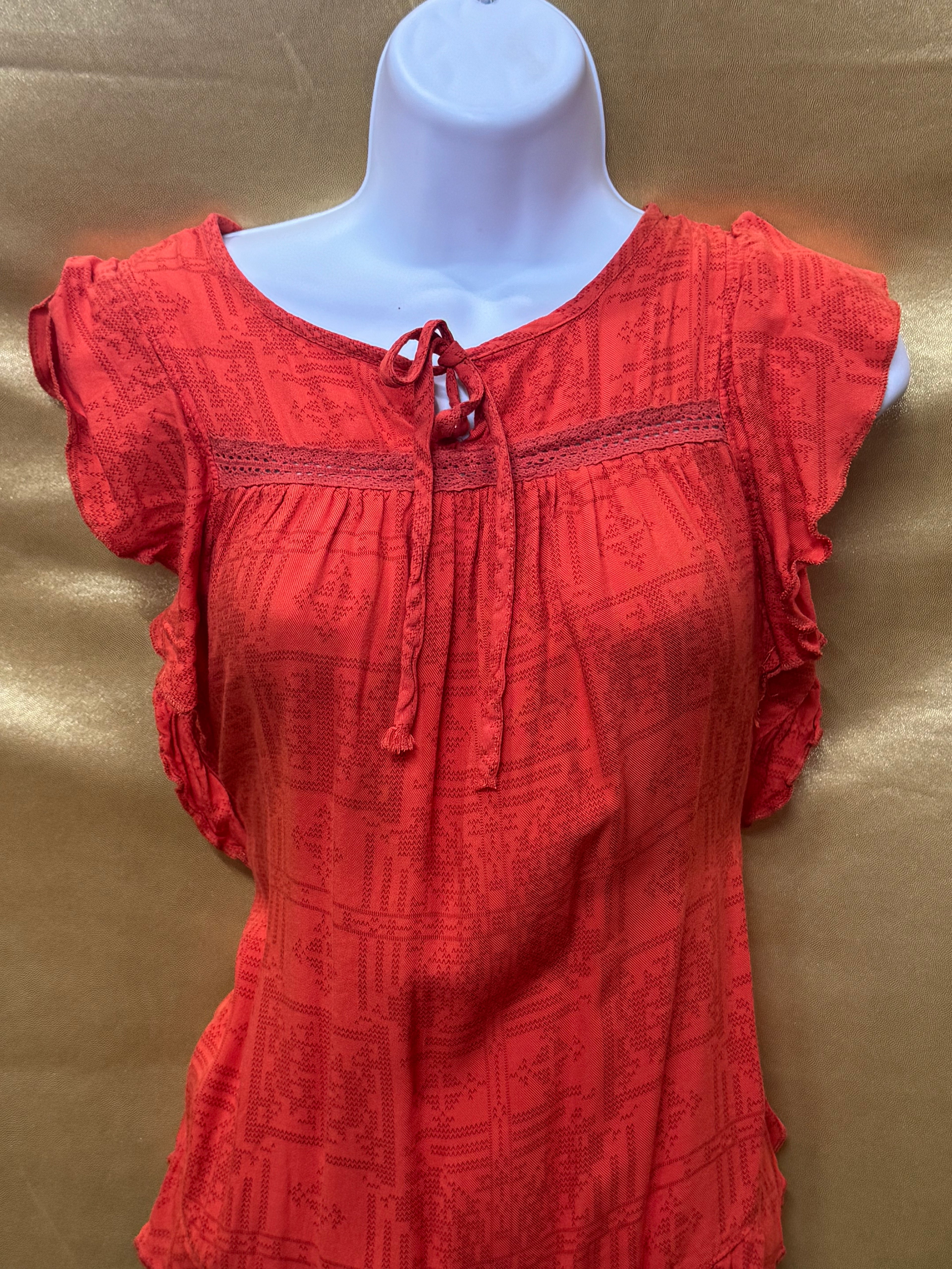 OHMG Boho Geometric Print Flutter Sleeve Blouse - Orange, Size XS