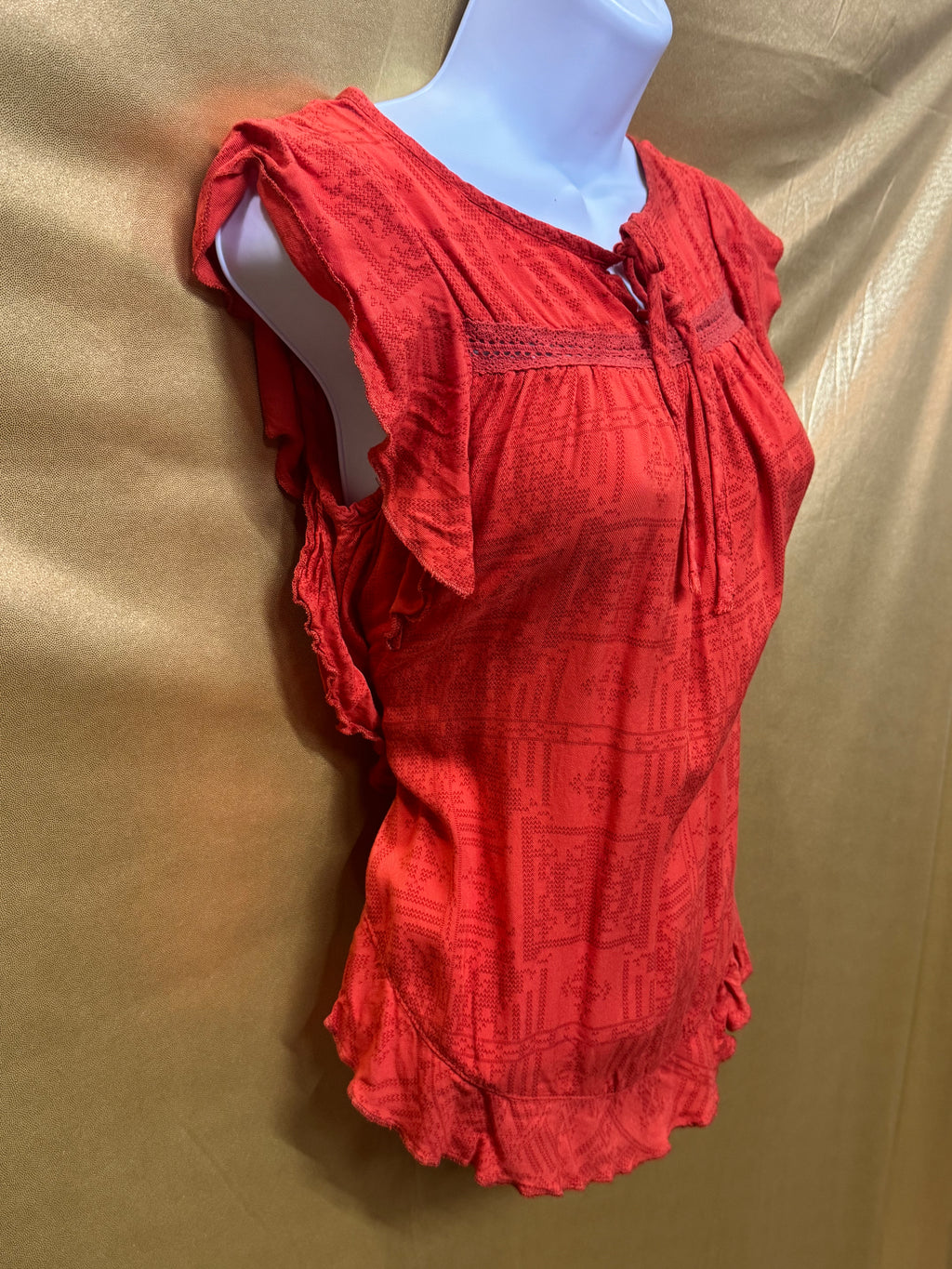 OHMG Boho Geometric Print Flutter Sleeve Blouse - Orange, Size XS