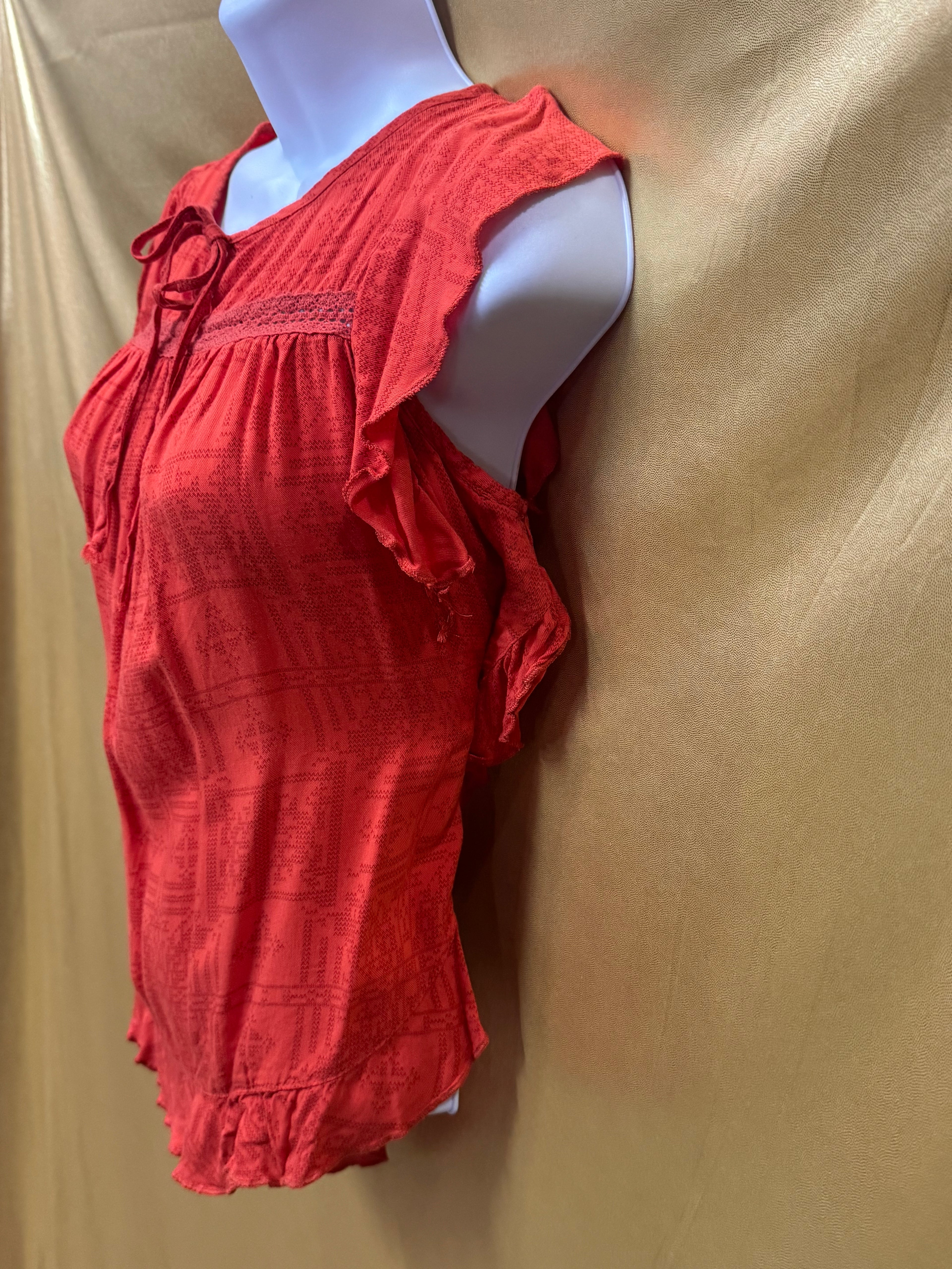 OHMG Boho Geometric Print Flutter Sleeve Blouse - Orange, Size XS