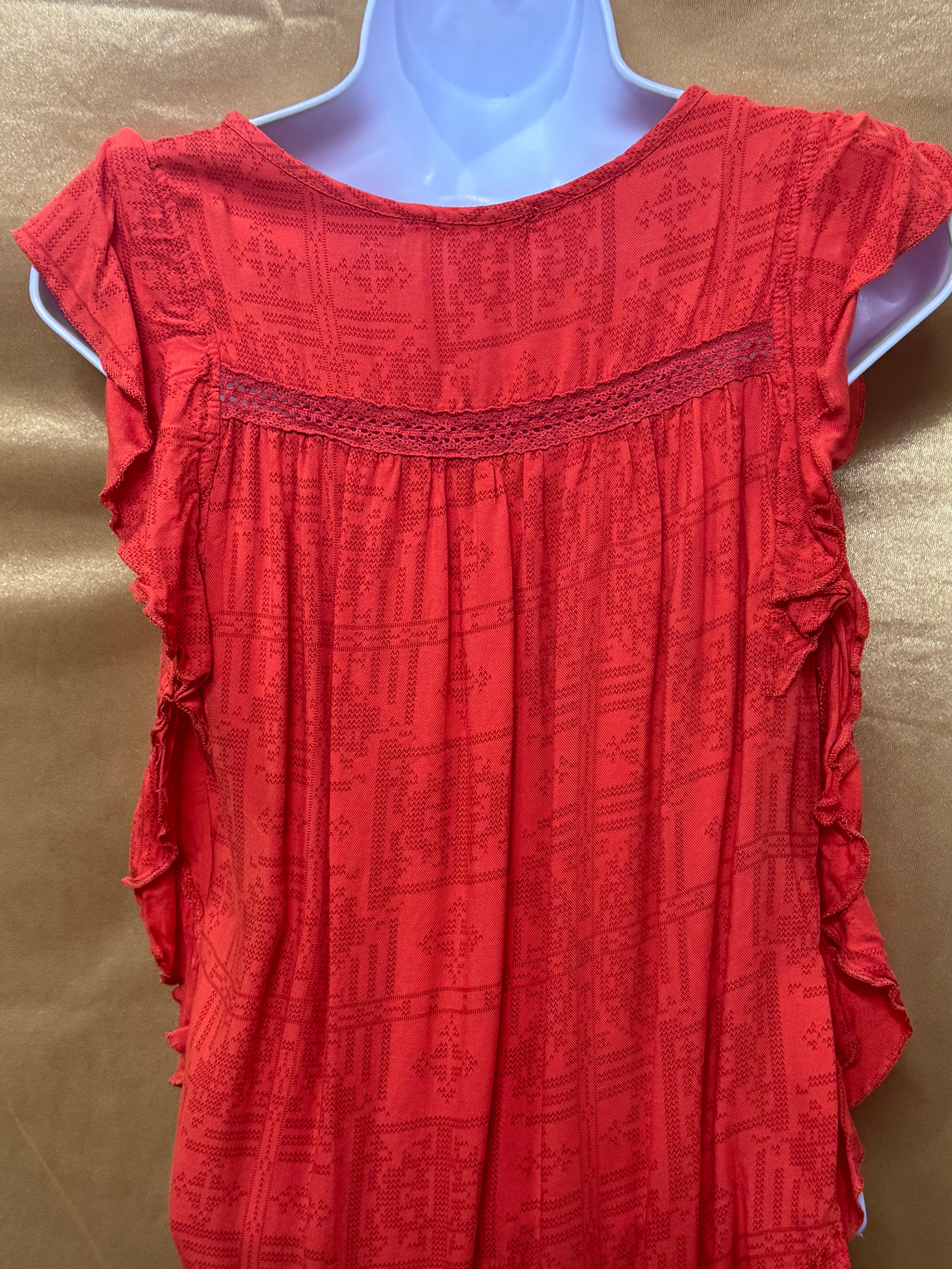 OHMG Boho Geometric Print Flutter Sleeve Blouse - Orange, Size XS