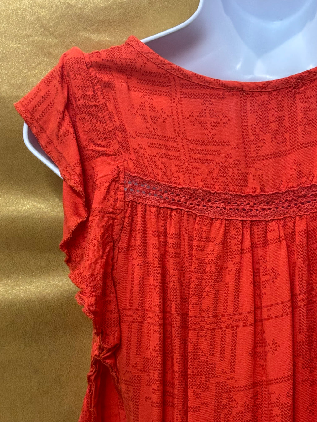 OHMG Boho Geometric Print Flutter Sleeve Blouse - Orange, Size XS