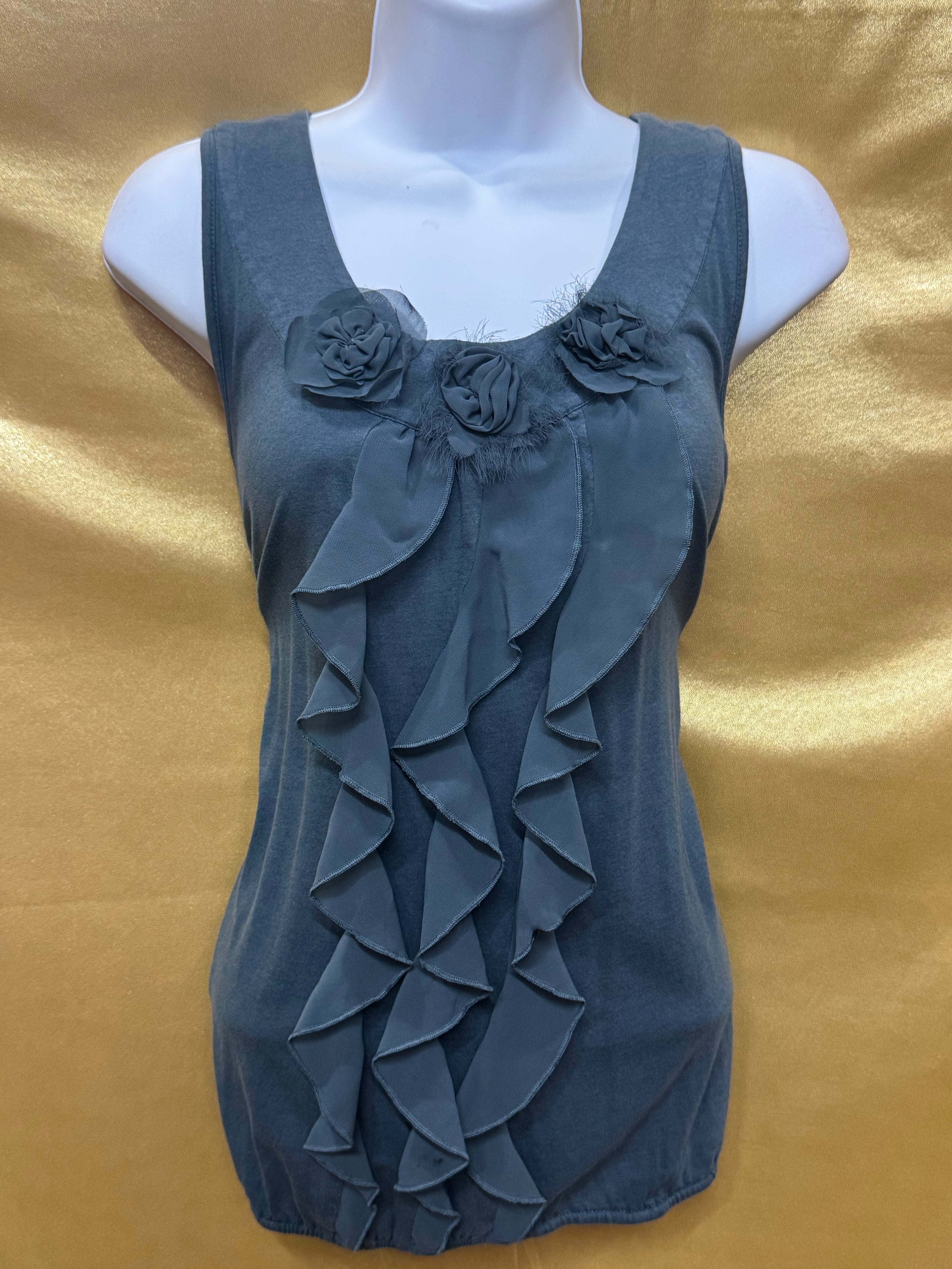 LOFT Dusty Blue Ruffled Floral Tank Top – Size XS