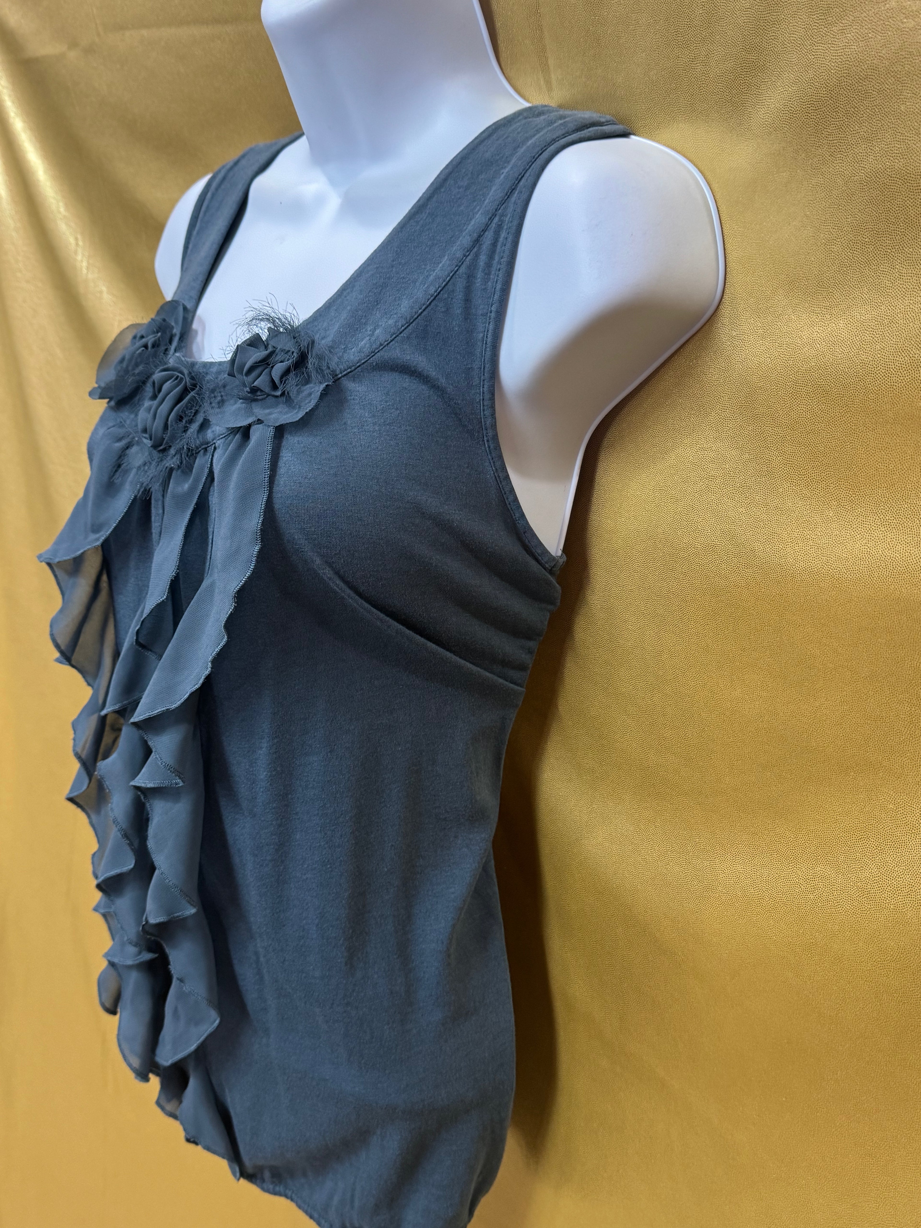 LOFT Dusty Blue Ruffled Floral Tank Top – Size XS