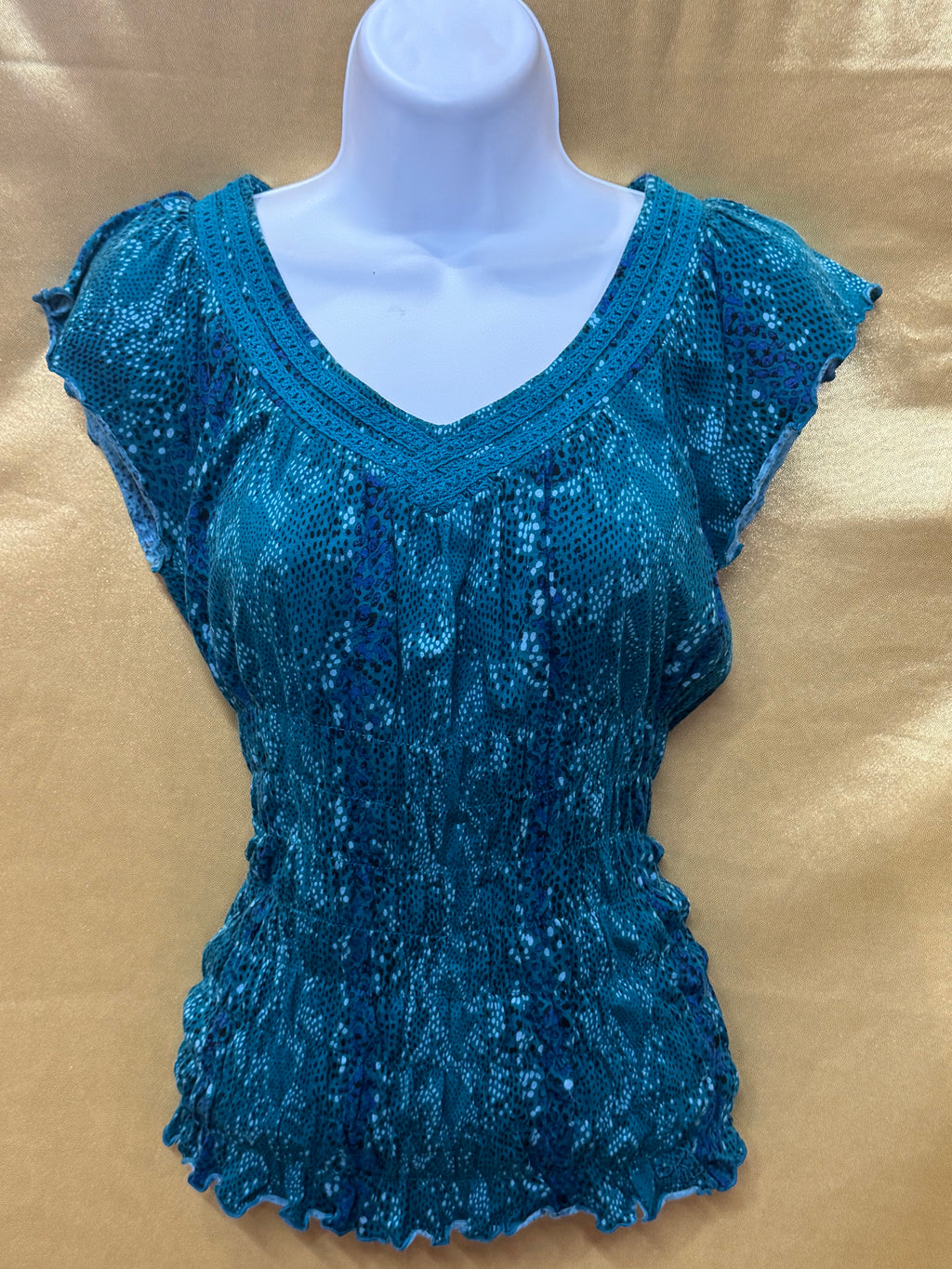 Vintage Y2K DKNY Jeans Teal Smocked Sequin V-Neck Blouse - Size XS