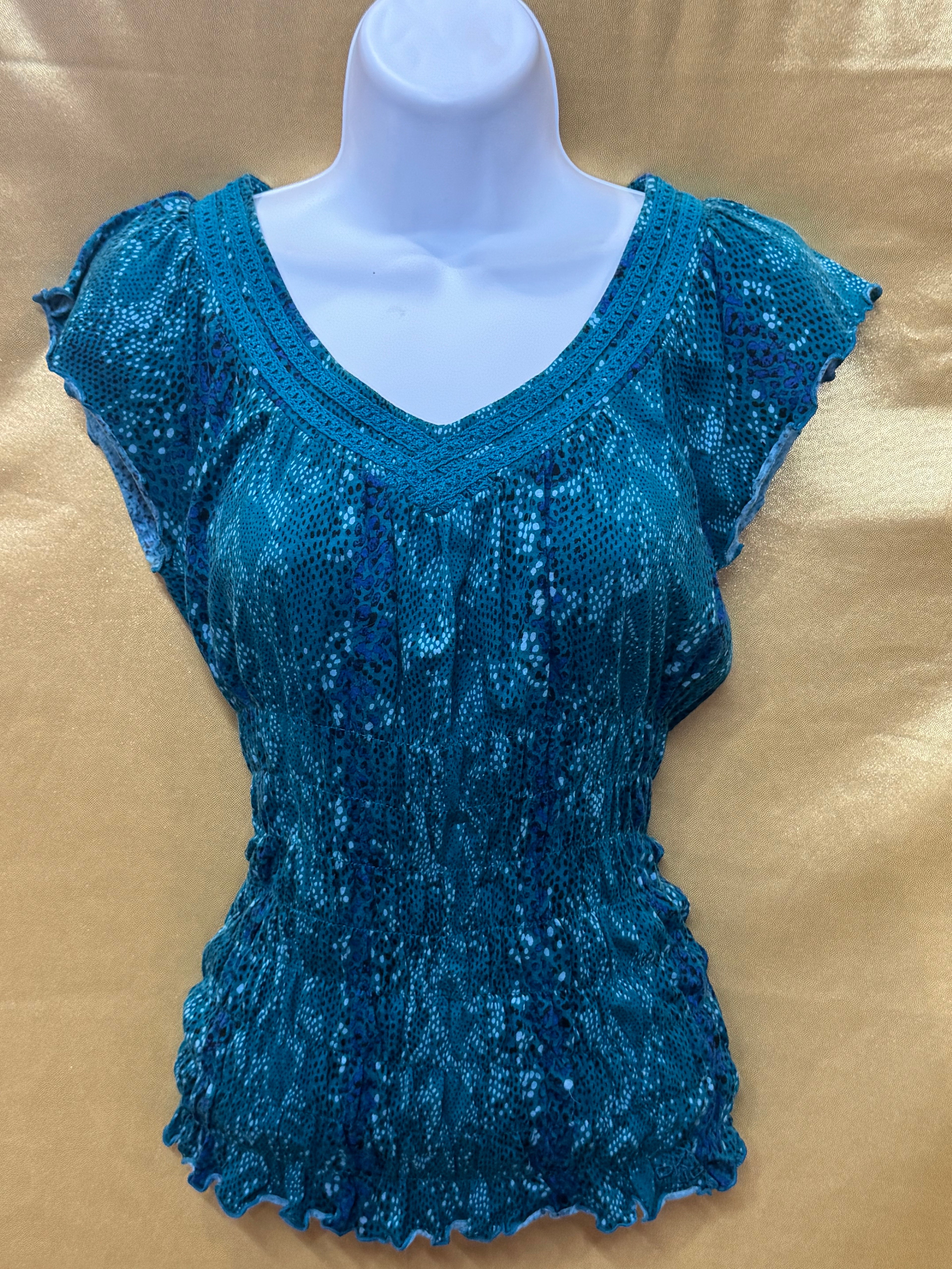 Vintage Y2K DKNY Jeans Teal Smocked Sequin V-Neck Blouse - Size XS