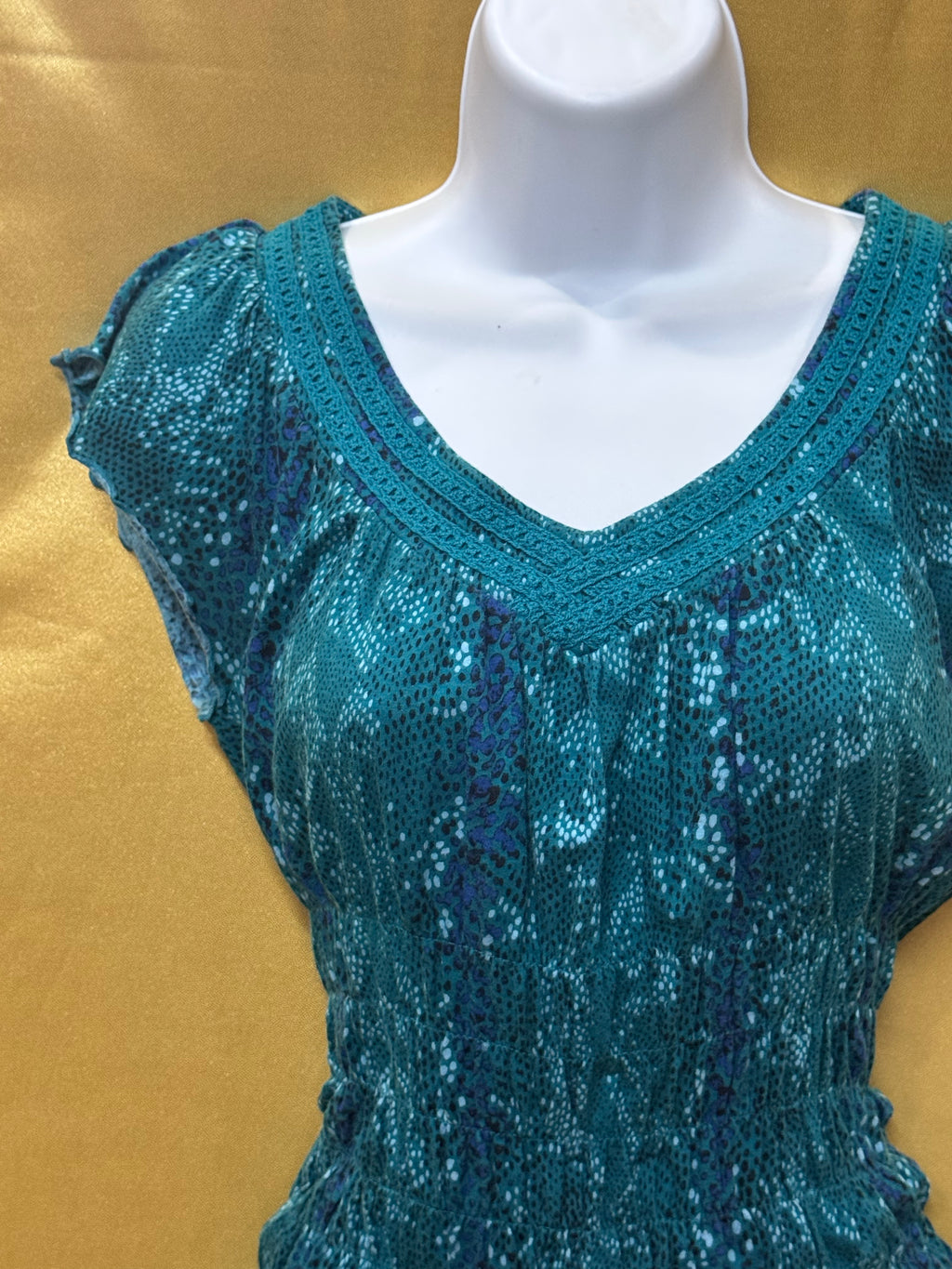Vintage Y2K DKNY Jeans Teal Smocked Sequin V-Neck Blouse - Size XS