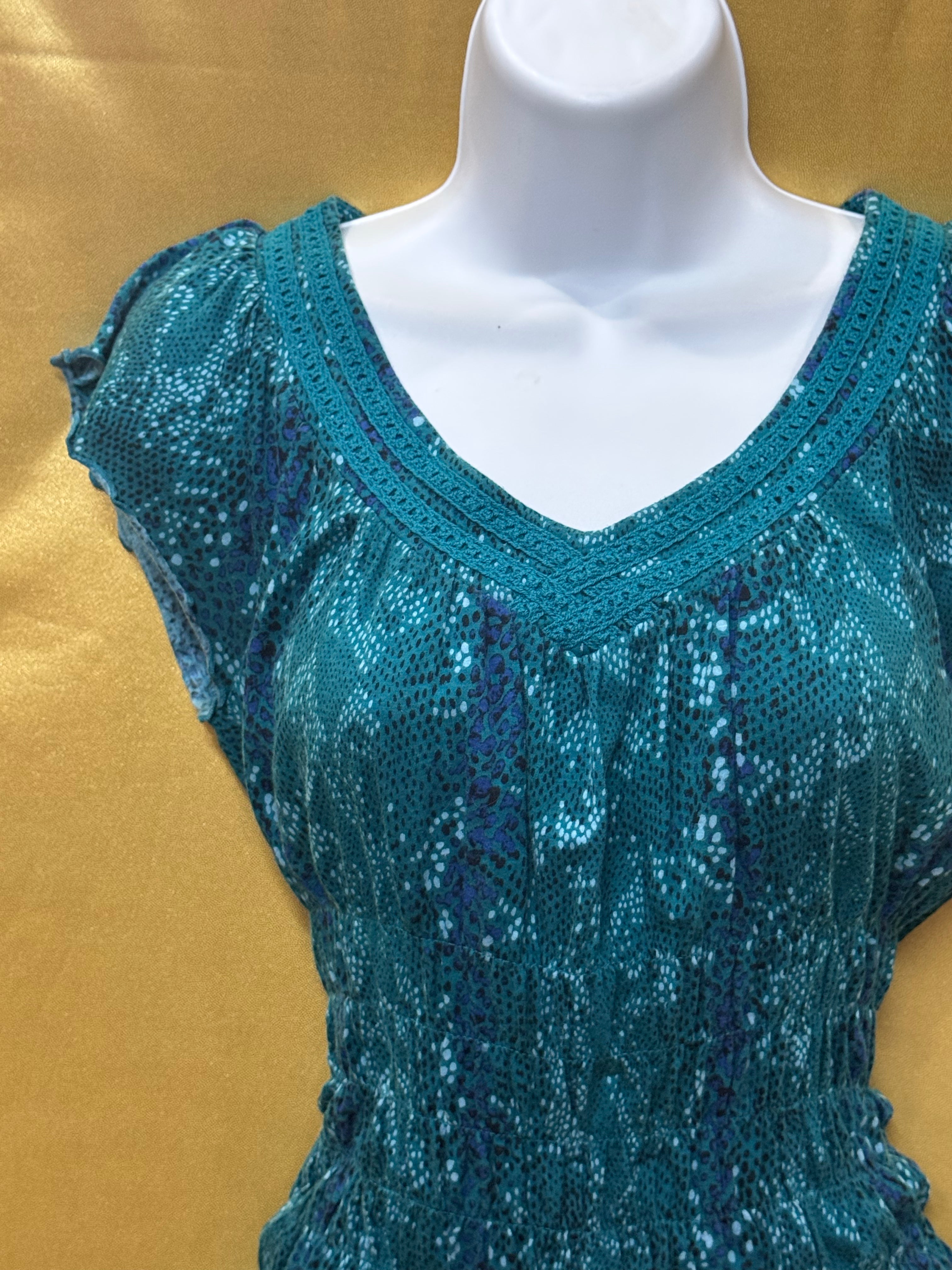 Vintage Y2K DKNY Jeans Teal Smocked Sequin V-Neck Blouse - Size XS