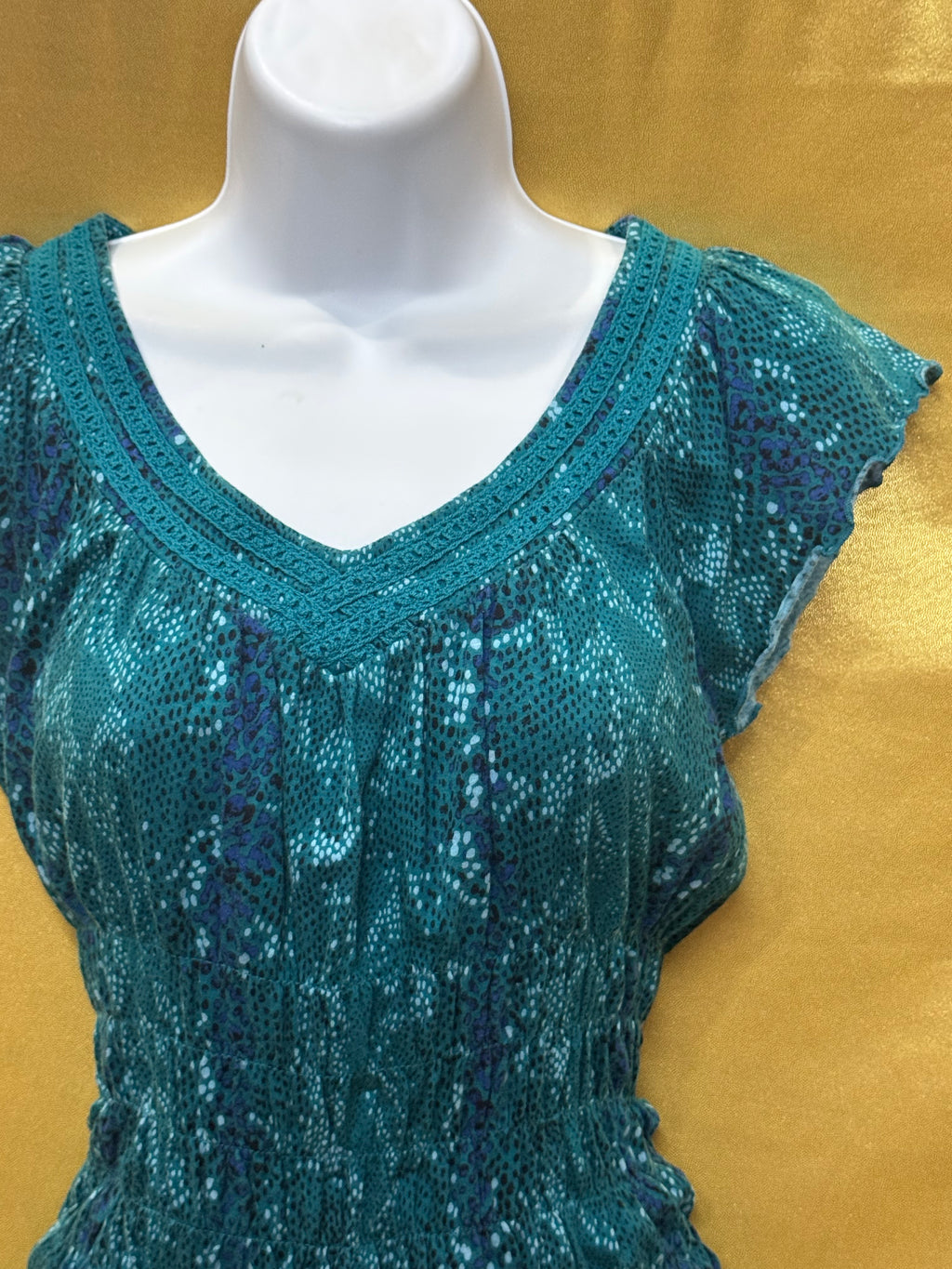 Vintage Y2K DKNY Jeans Teal Smocked Sequin V-Neck Blouse - Size XS