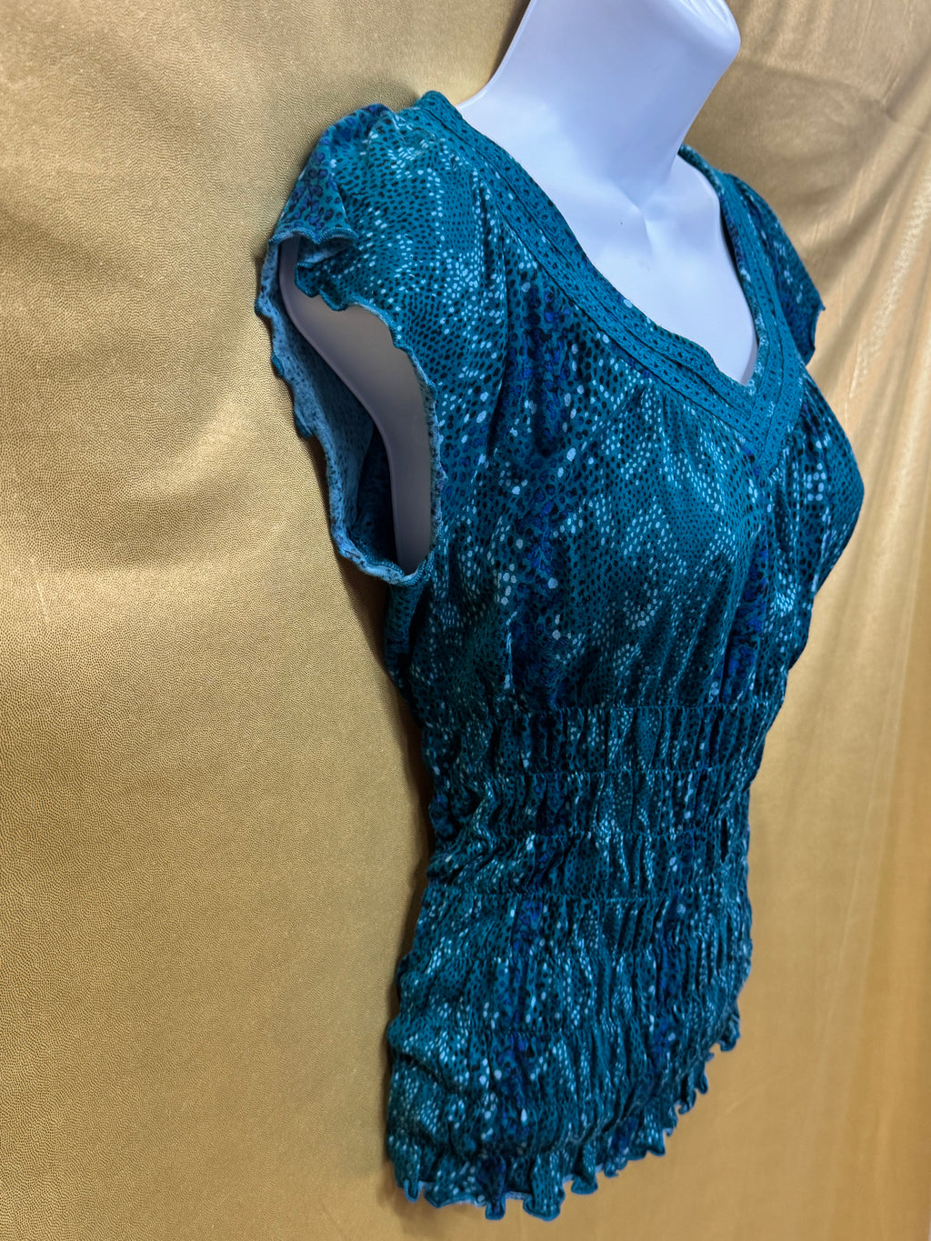 Vintage Y2K DKNY Jeans Teal Smocked Sequin V-Neck Blouse - Size XS