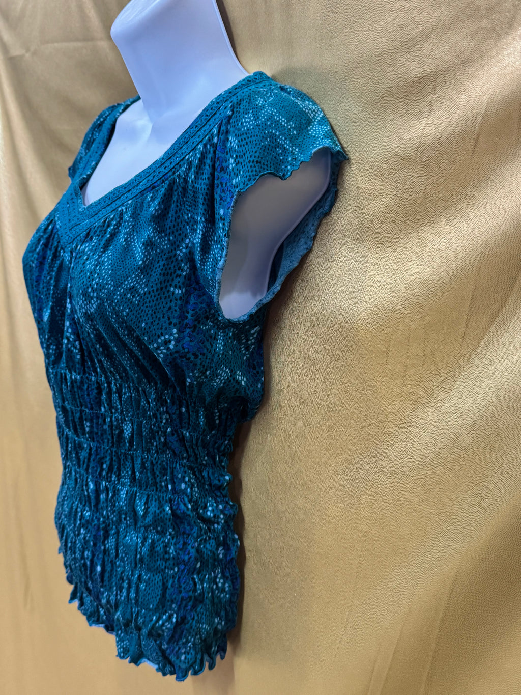 Vintage Y2K DKNY Jeans Teal Smocked Sequin V-Neck Blouse - Size XS