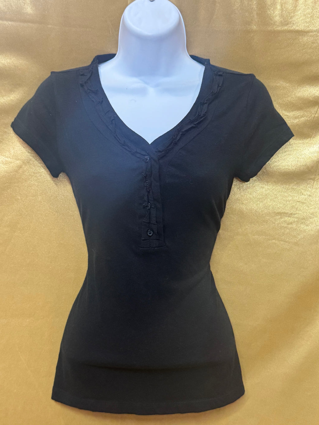 Merona Black Ruffle V-Neck Henley Blouse - Size XS (100% Cotton)