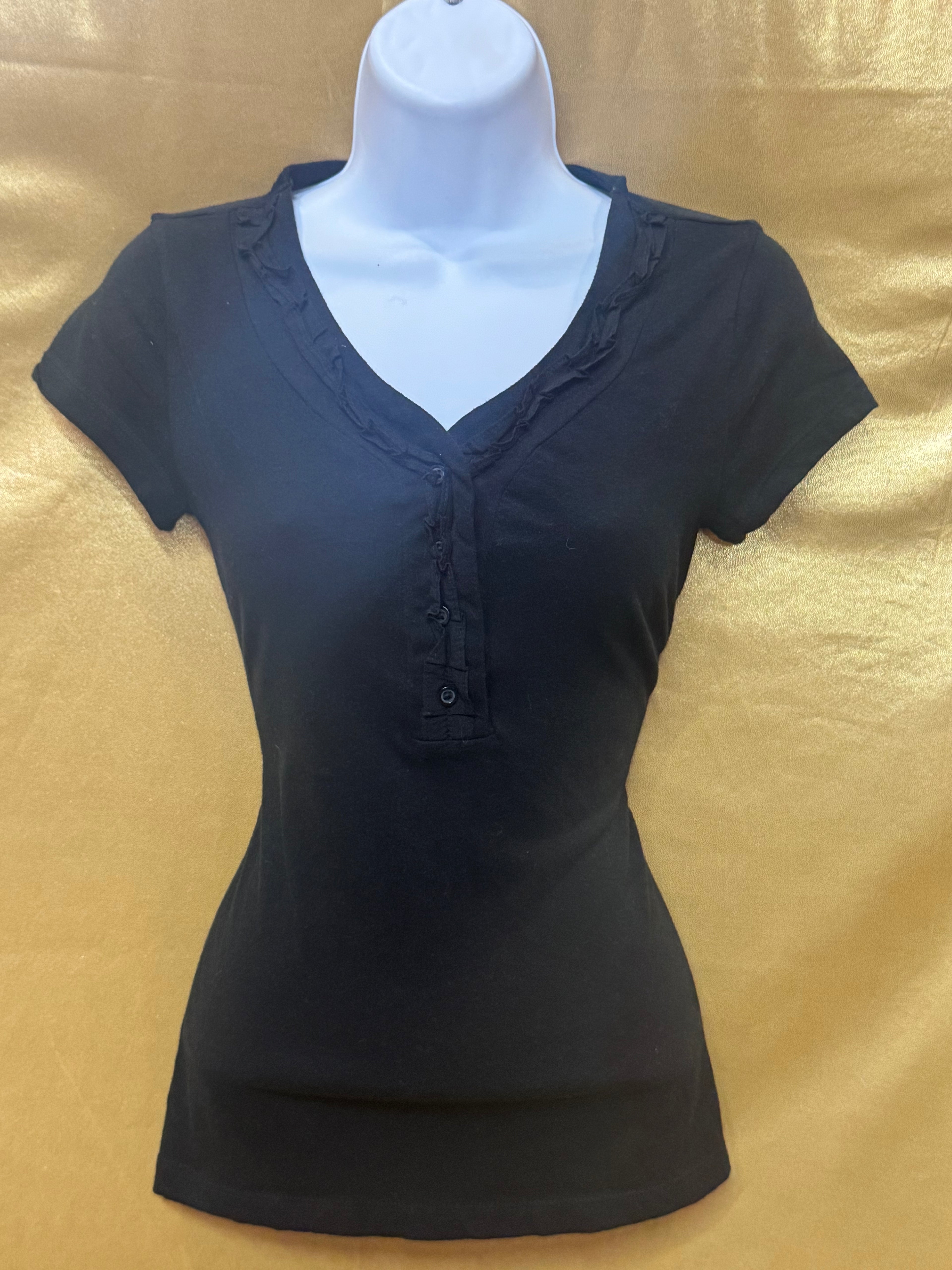 Merona Black Ruffle V-Neck Henley Blouse - Size XS (100% Cotton)